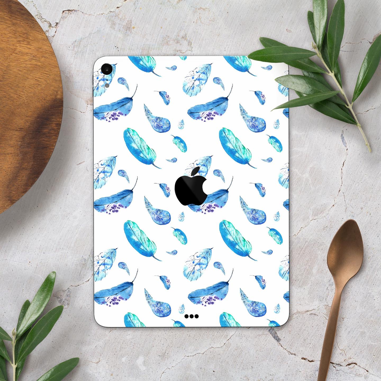 Hipster Feather Pattern Full Body Skin Decal for Apple iPad Pro, showcasing vibrant feather design on a sleek surface.