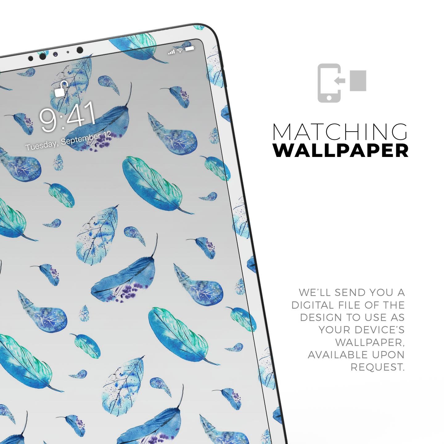 Hipster Feather Pattern Full Body Skin Decal for Apple iPad Pro, showcasing vibrant feather design on a sleek surface.