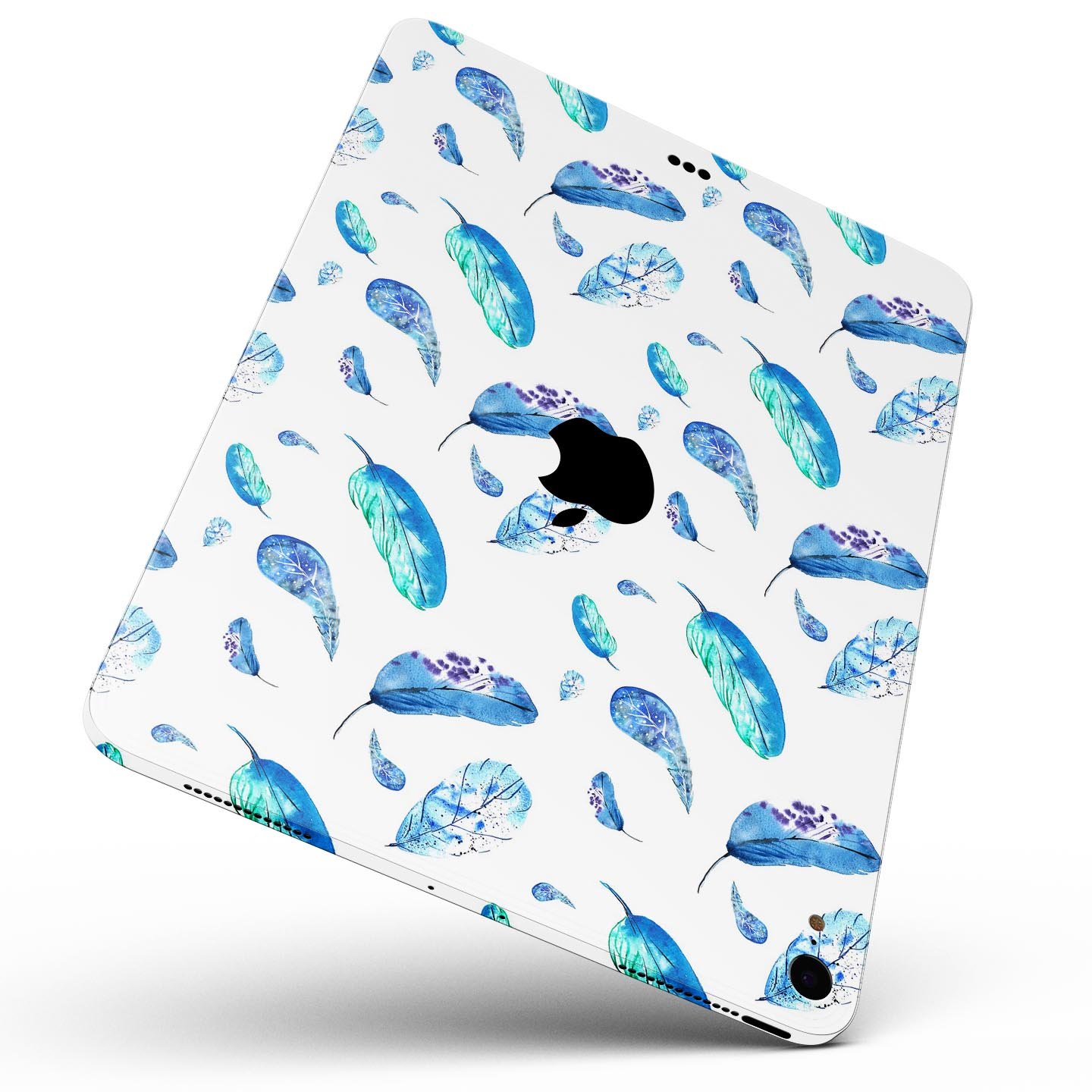 Hipster Feather Pattern Full Body Skin Decal for Apple iPad Pro, showcasing vibrant feather design on a sleek surface.