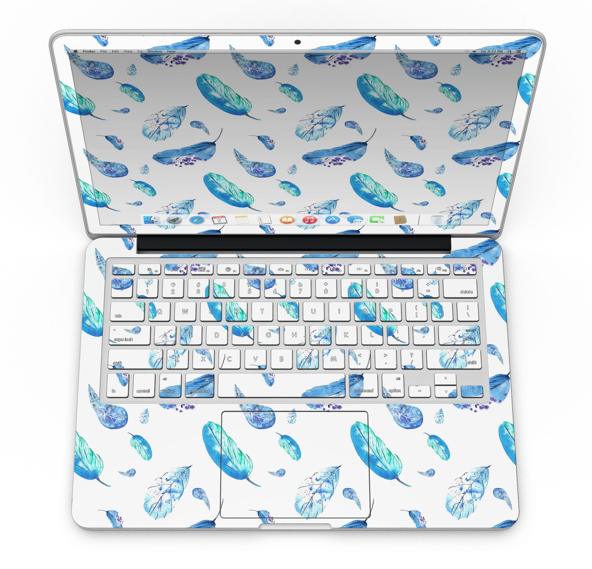 Stylish Hipster Feather Pattern skin for MacBook Pro with Retina Display, showcasing vibrant colors and a sleek design.