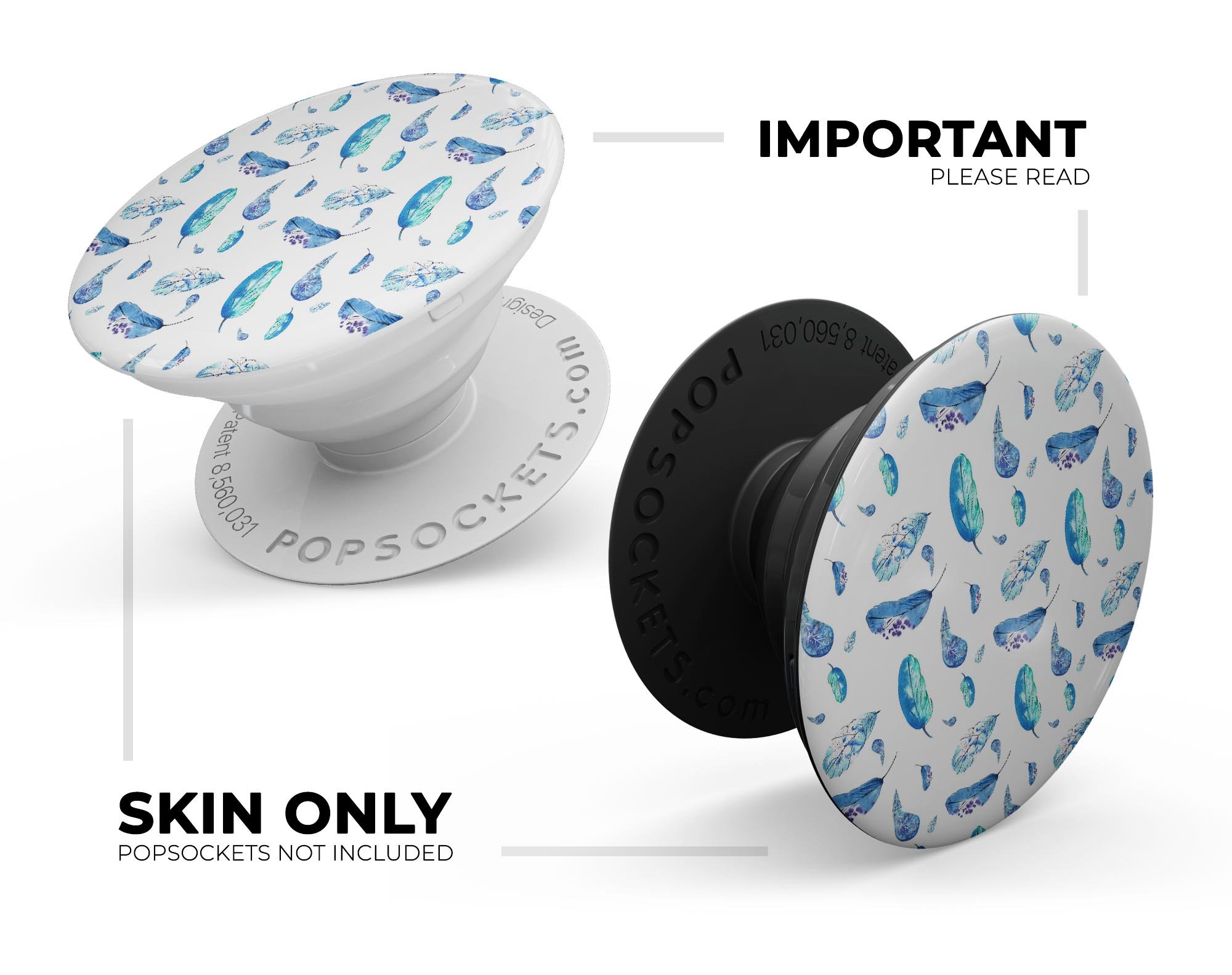 Hipster Feather Pattern Skin Kit for PopSockets featuring vibrant feather design on premium vinyl.