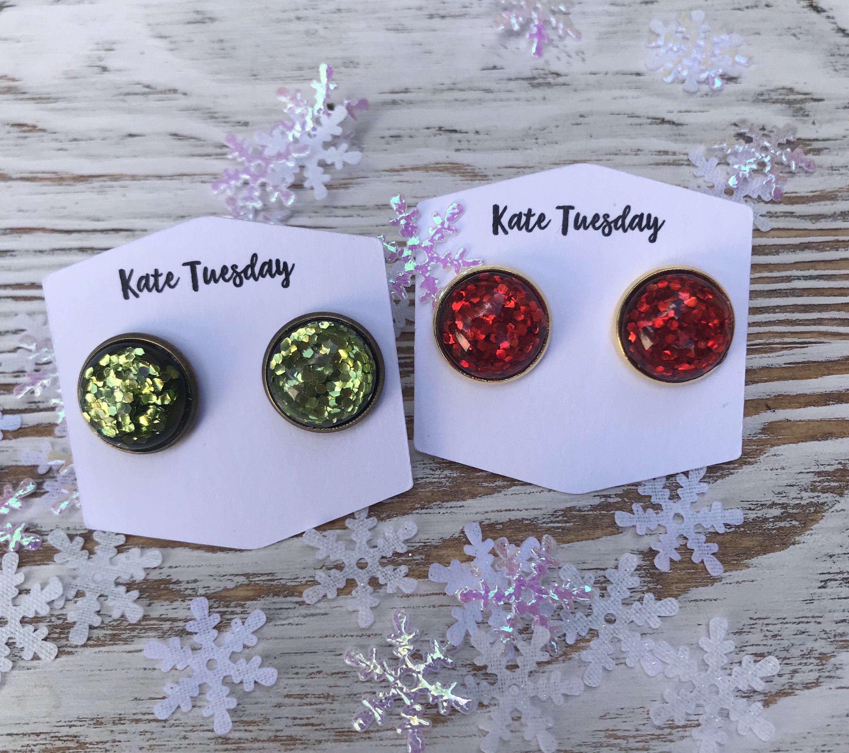 Holiday Green and Red Glitter Earrings in bronze setting, showcasing vibrant colors and sparkling design.