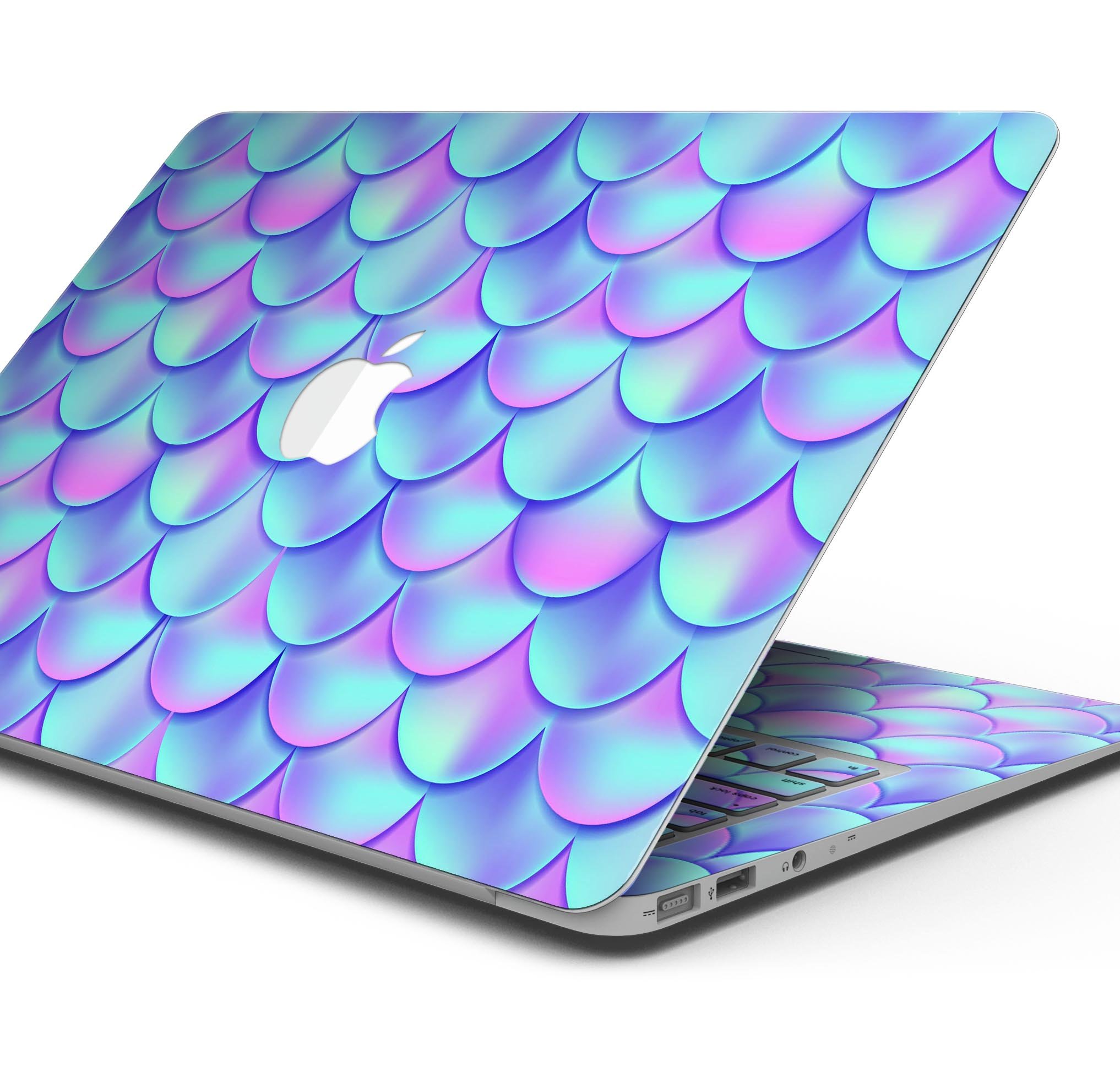 Holographic Mermaid Scales skin decal wrap kit for MacBook, showcasing vibrant colors and a sleek design.