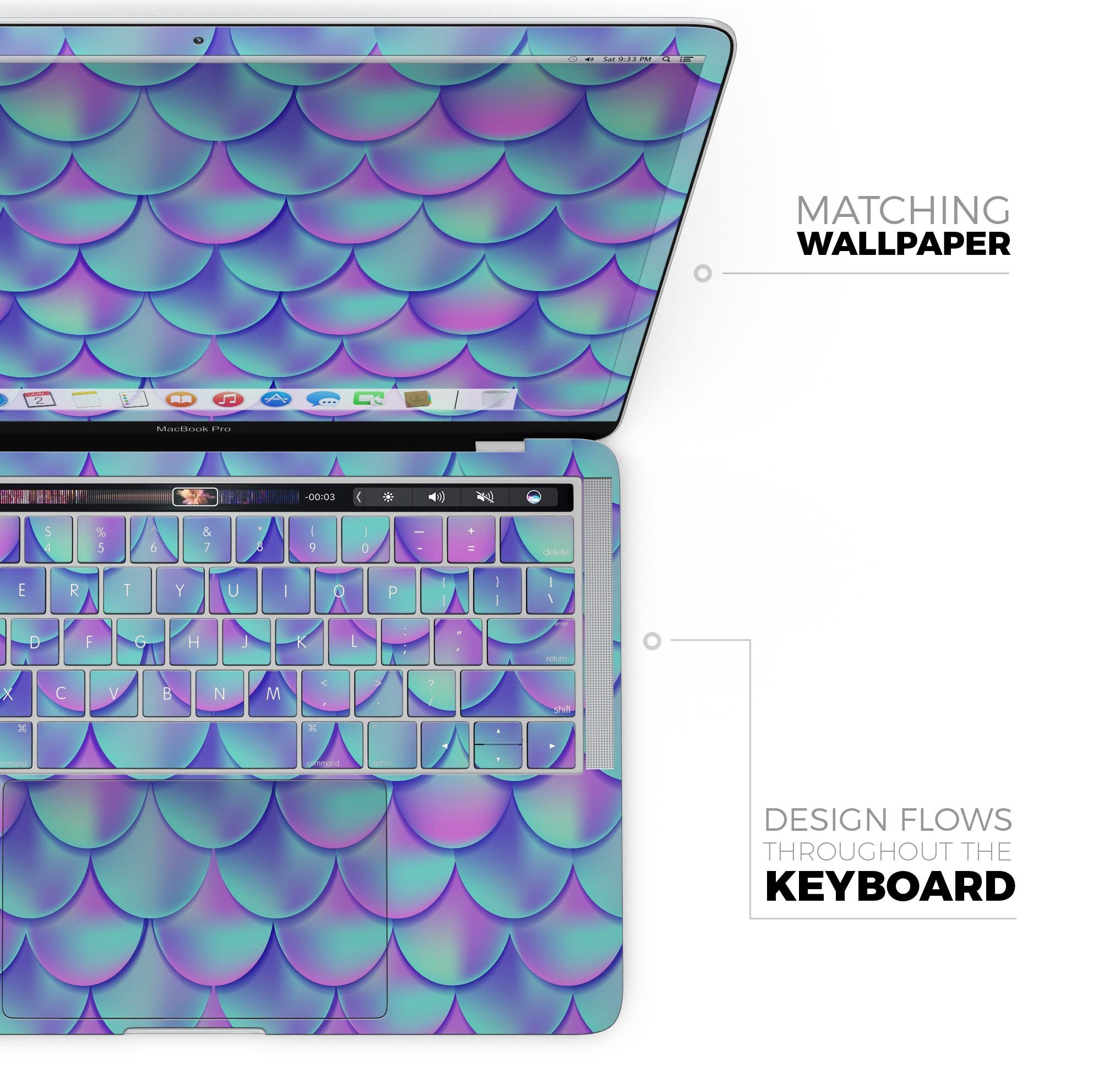 Holographic Mermaid Scales skin decal wrap kit for MacBook, showcasing vibrant colors and a sleek design.