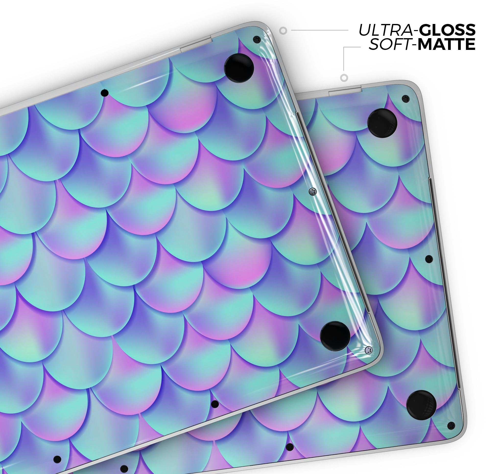 Holographic Mermaid Scales skin decal wrap kit for MacBook, showcasing vibrant colors and a sleek design.