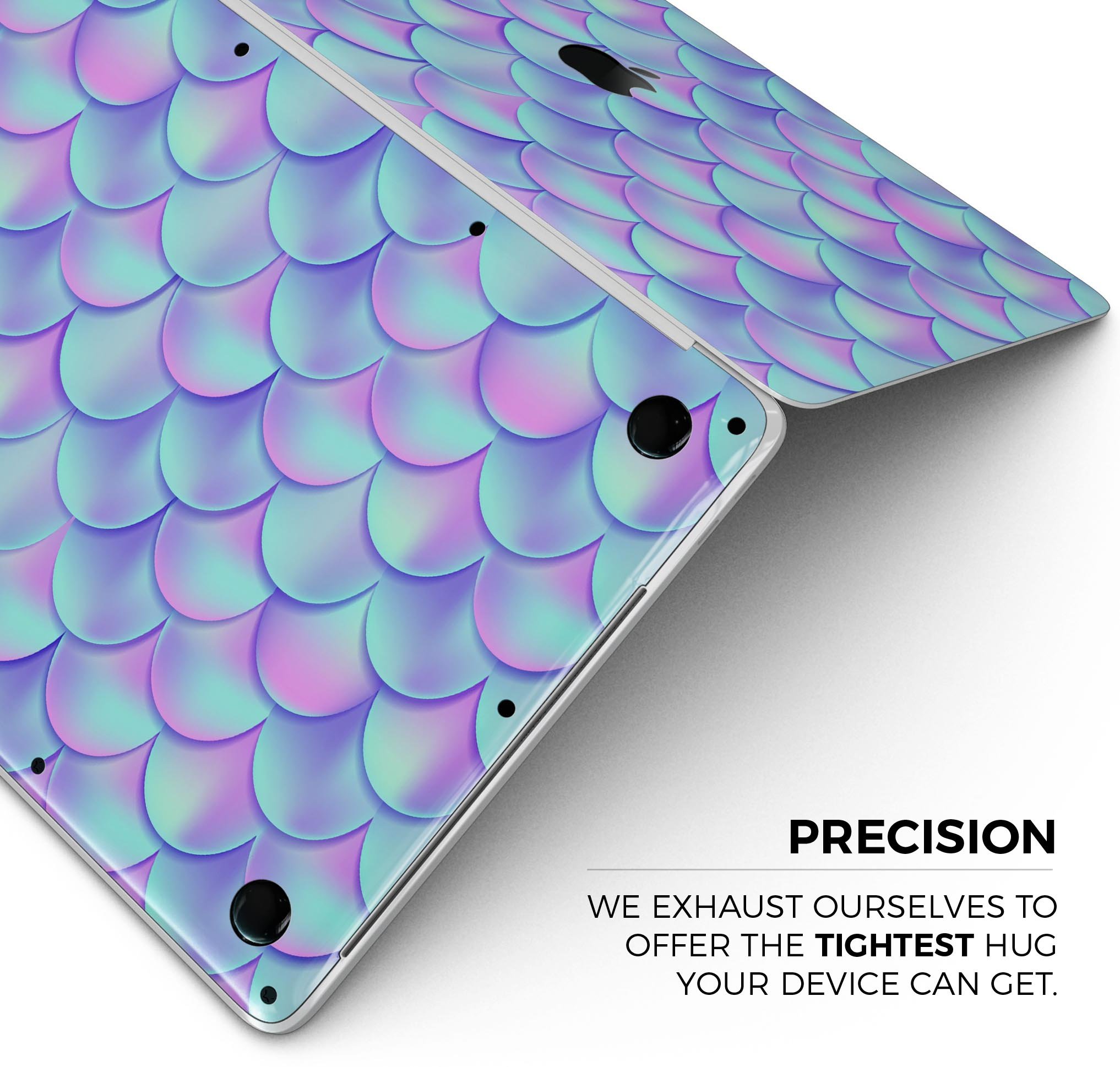 Holographic Mermaid Scales skin decal wrap kit for MacBook, showcasing vibrant colors and a sleek design.