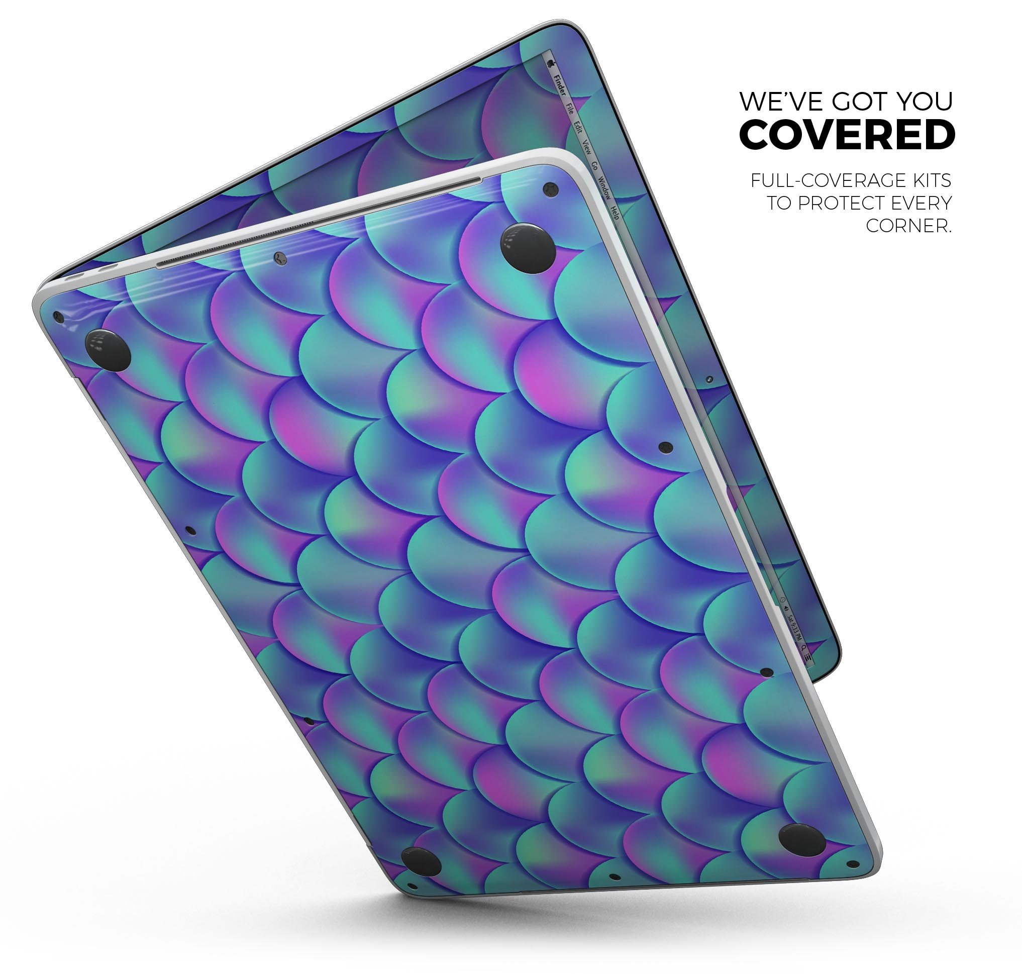 Holographic Mermaid Scales skin decal wrap kit for MacBook, showcasing vibrant colors and a sleek design.