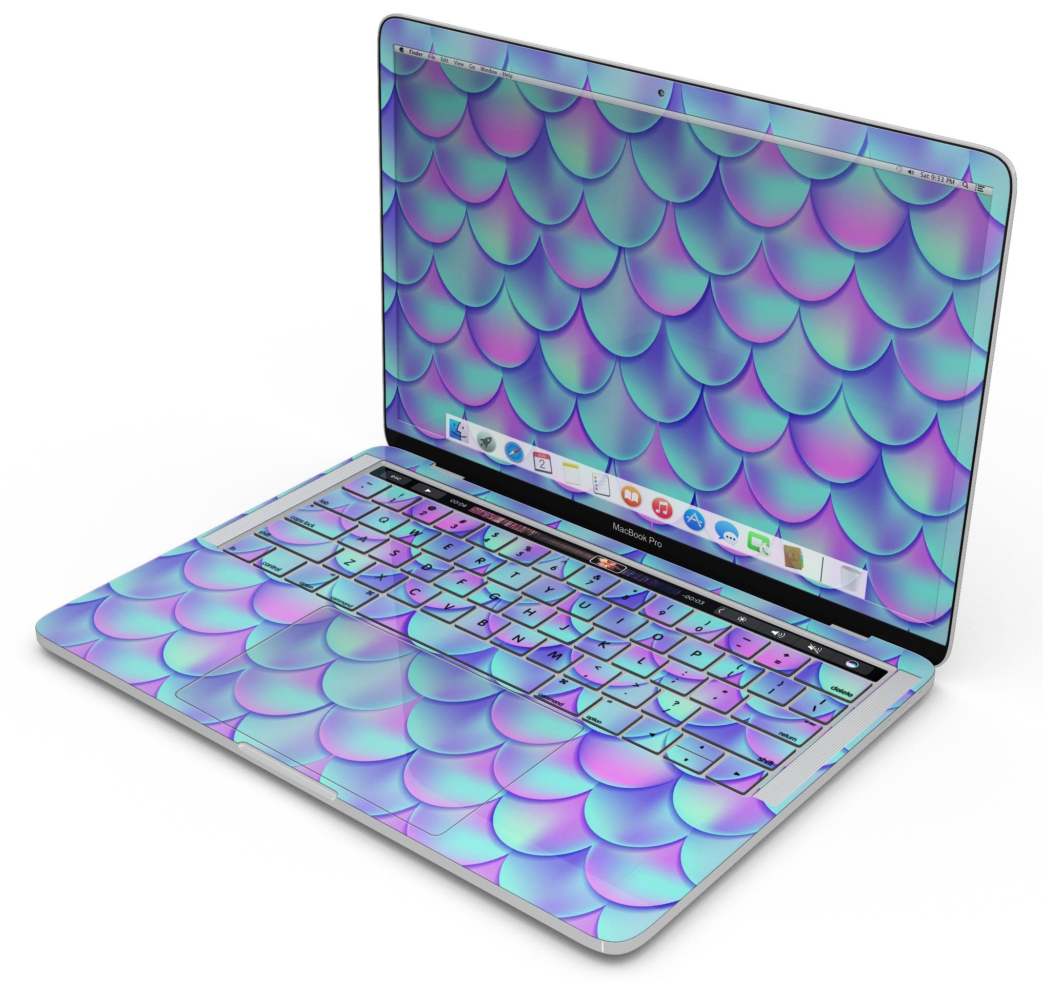 Holographic Mermaid Scales skin decal wrap kit for MacBook, showcasing vibrant colors and a sleek design.