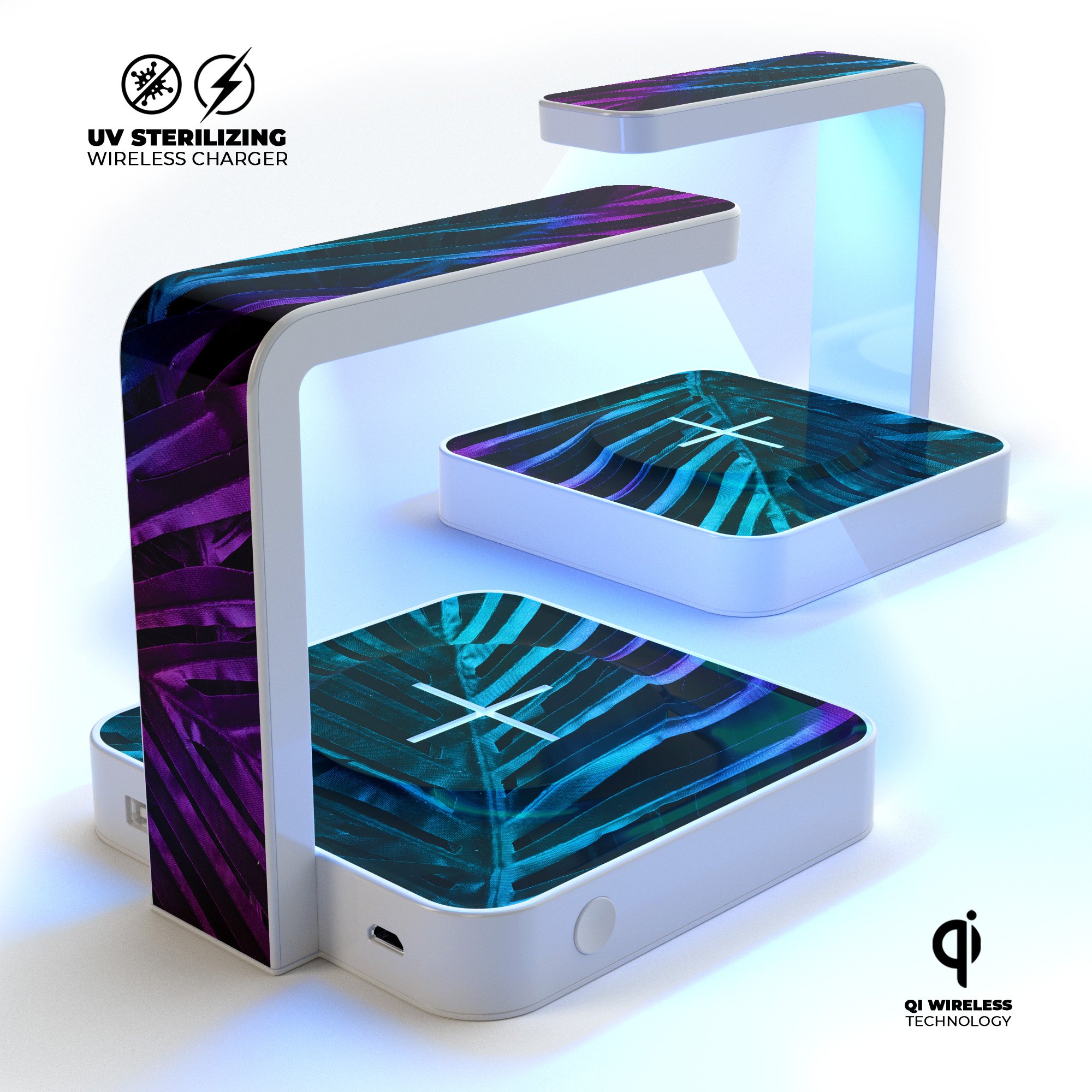 Holographic Tropical UV Germicidal Sanitizing Wireless Charger with phone placed on it, showcasing its sleek design and sterilizing lamp.