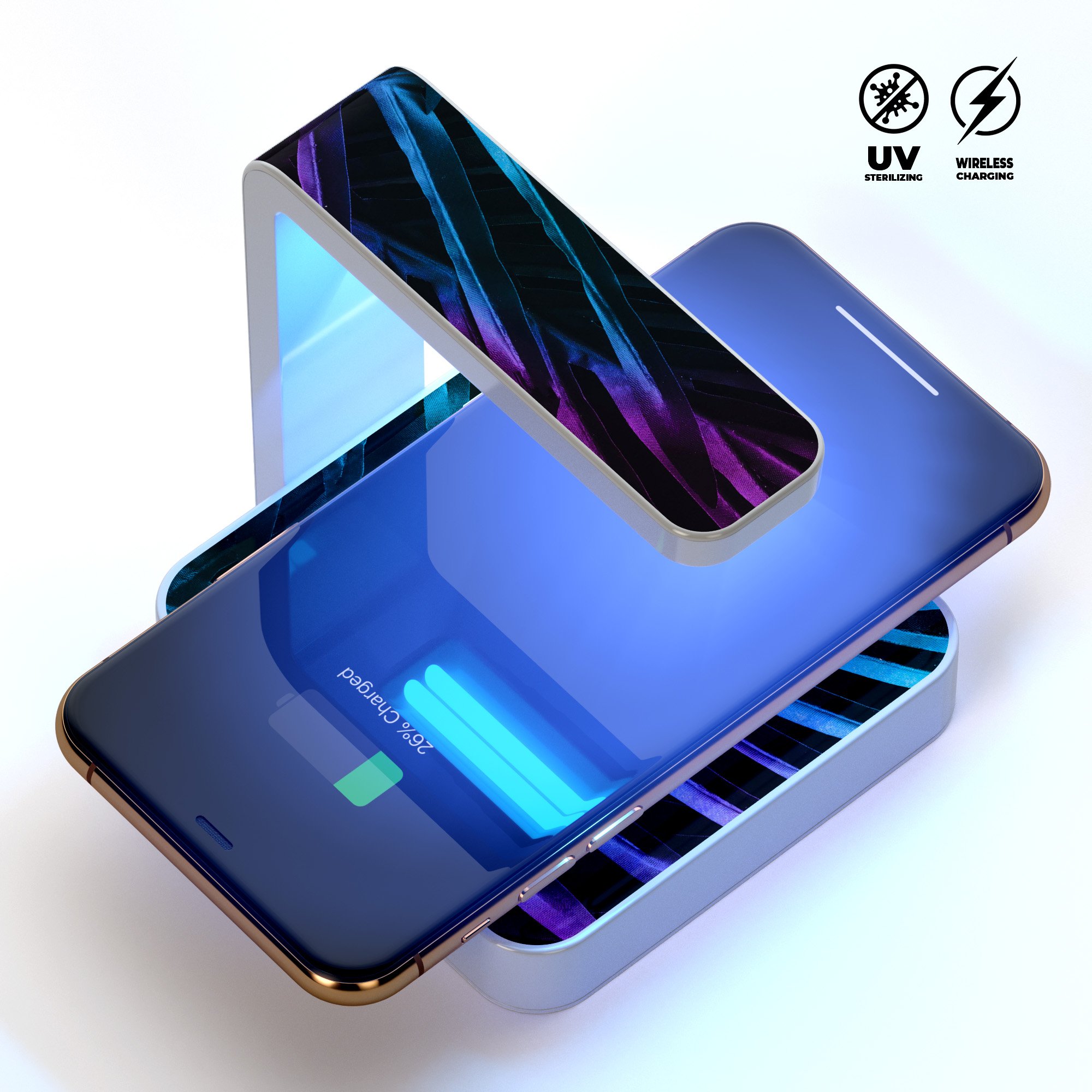 Holographic Tropical UV Germicidal Sanitizing Wireless Charger with phone placed on it, showcasing its sleek design and sterilizing lamp.