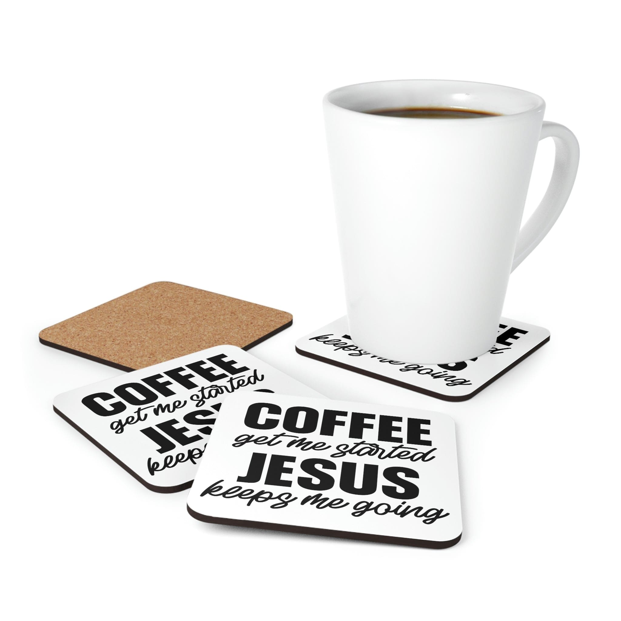 A stylish 4-piece coaster set featuring a high-gloss top and cork back, perfect for home and office use.