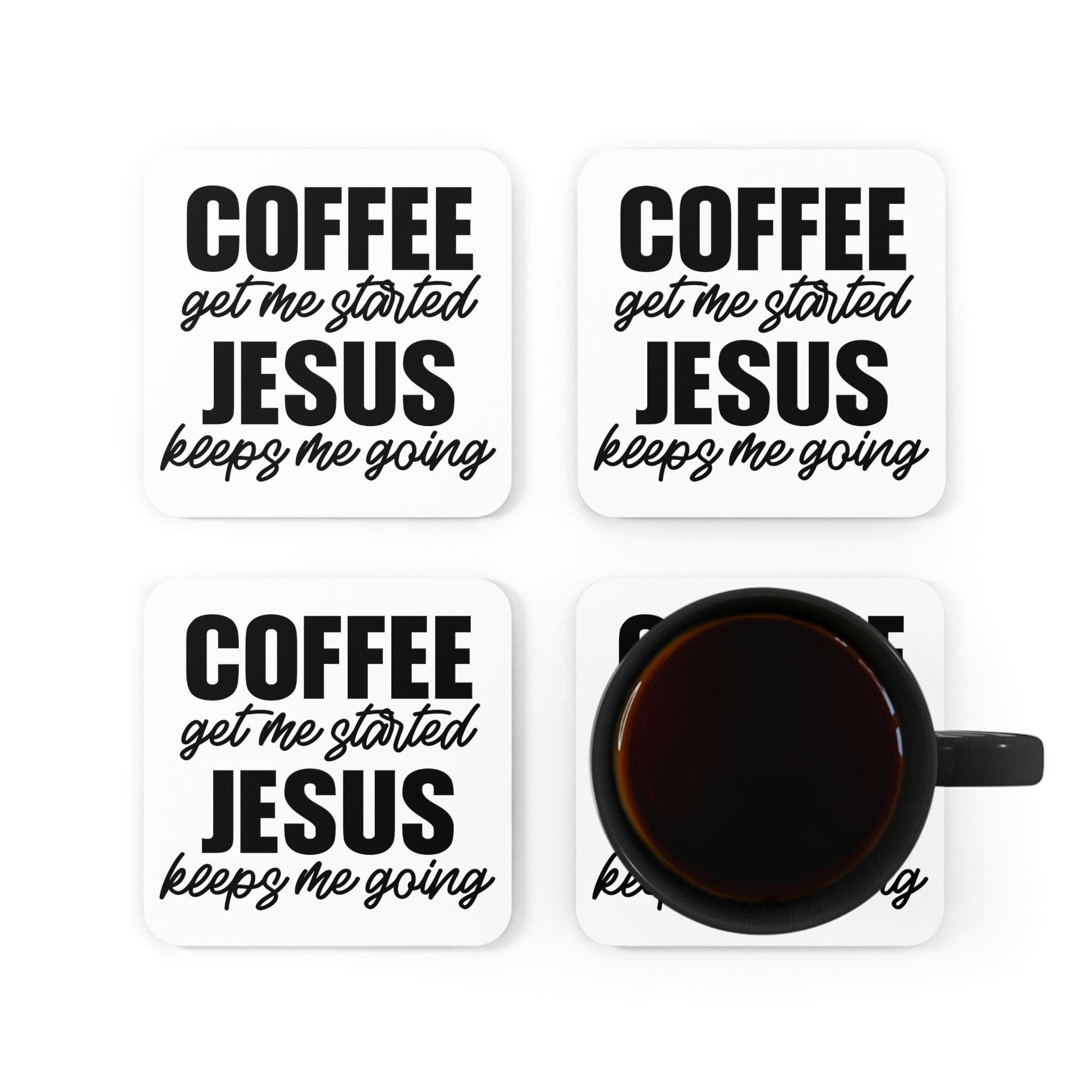 A stylish 4-piece coaster set featuring a high-gloss top and cork back, perfect for home and office use.