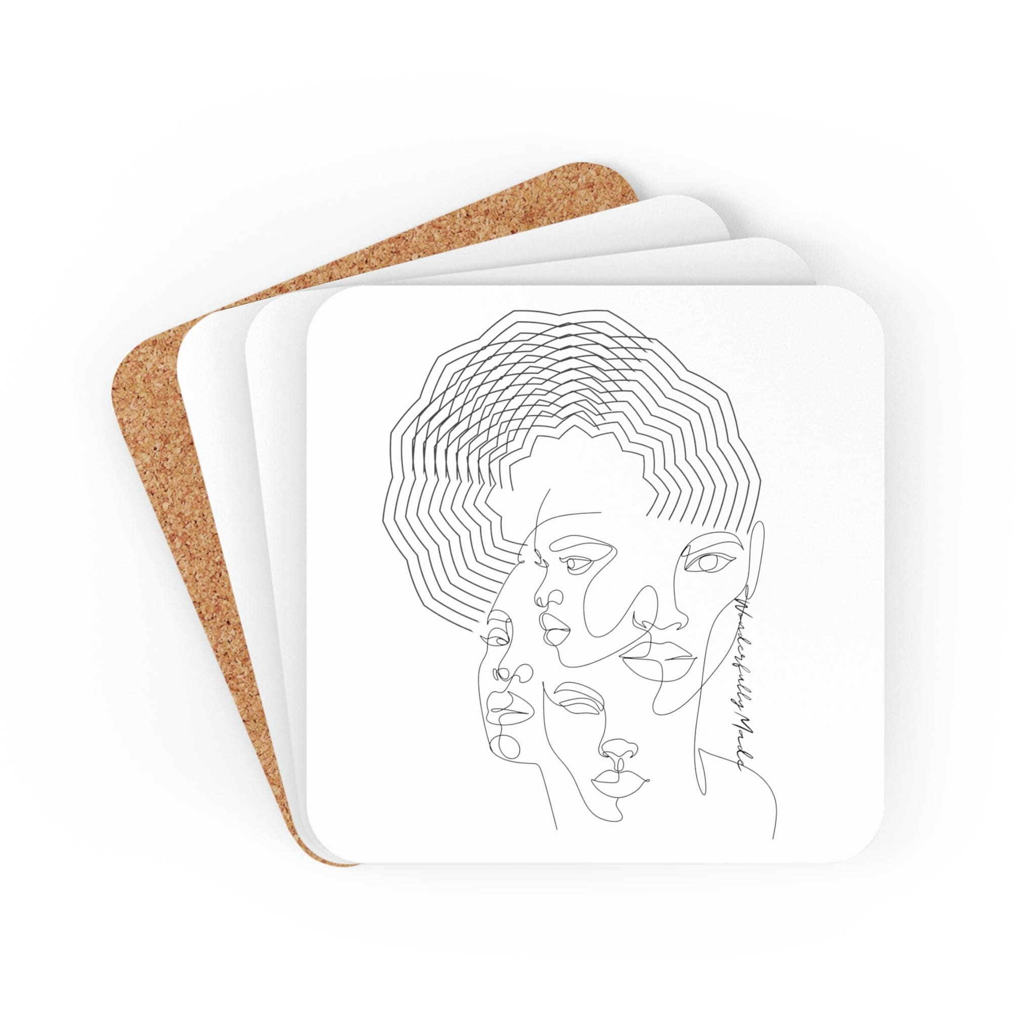 A stylish 4-piece coaster set with cork backing, perfect for home or office use, featuring elegant designs.