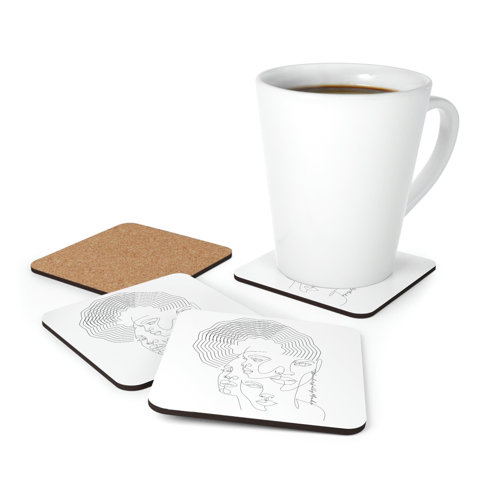 A stylish 4-piece coaster set with cork backing, perfect for home or office use, featuring elegant designs.