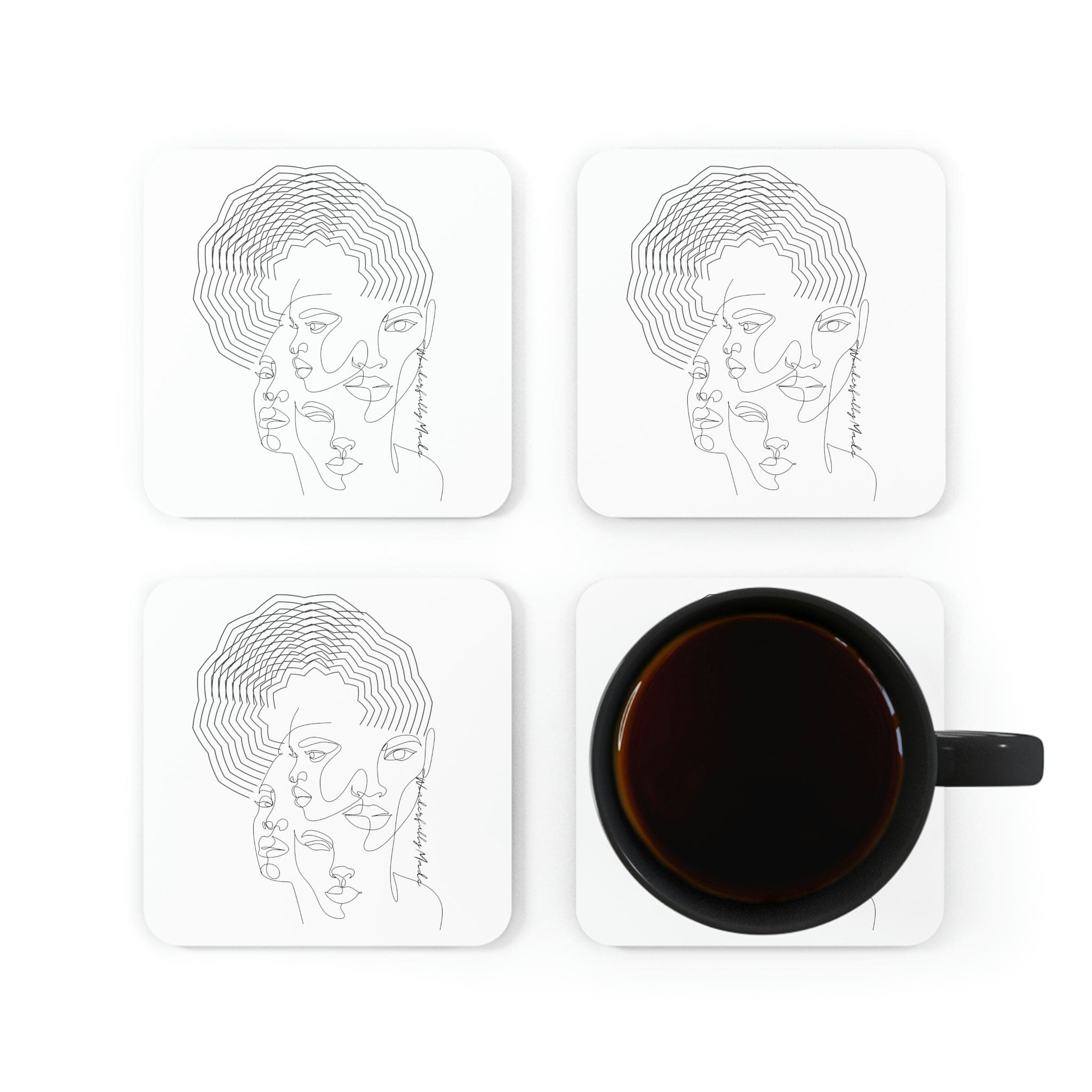 A stylish 4-piece coaster set with cork backing, perfect for home or office use, featuring elegant designs.