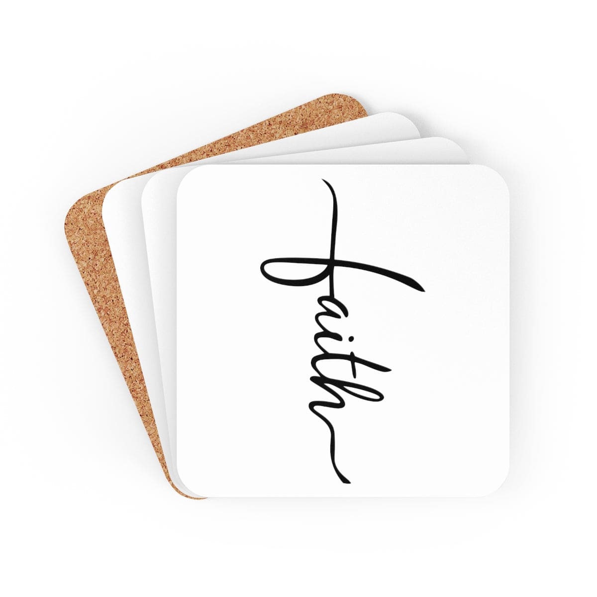 A stylish 4-piece Faith Christian coaster set with a high-gloss finish and cork backing, perfect for home or office use.