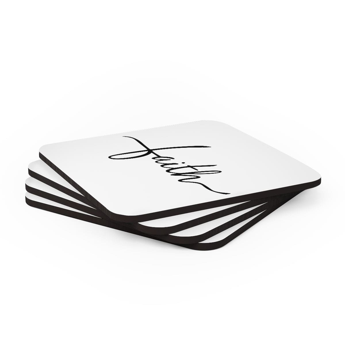 A stylish 4-piece Faith Christian coaster set with a high-gloss finish and cork backing, perfect for home or office use.