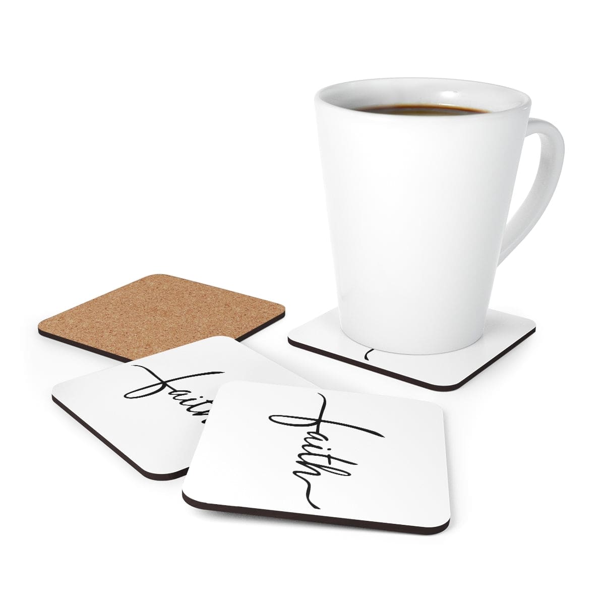 A stylish 4-piece Faith Christian coaster set with a high-gloss finish and cork backing, perfect for home or office use.