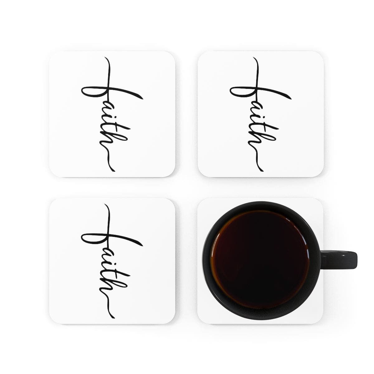 A stylish 4-piece Faith Christian coaster set with a high-gloss finish and cork backing, perfect for home or office use.