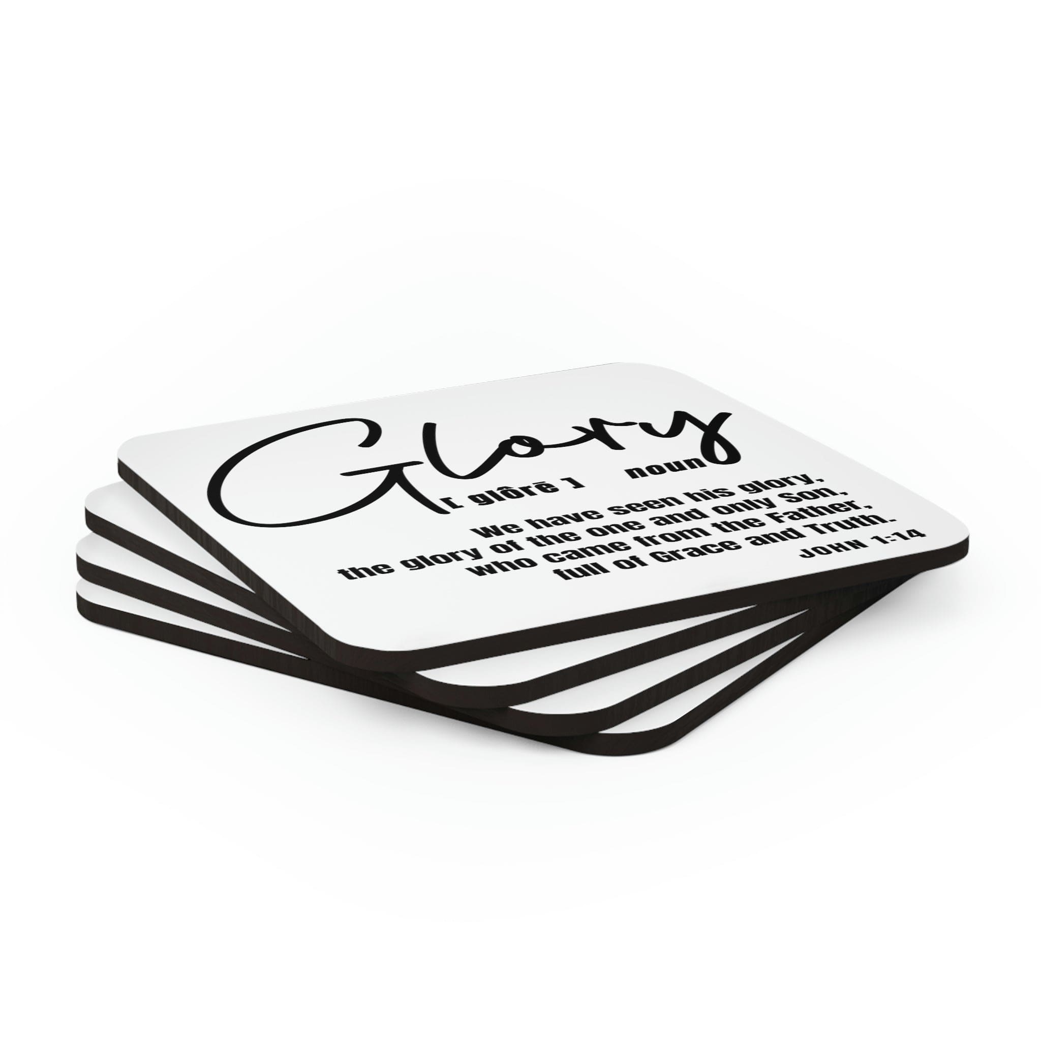 A stylish 4-piece coaster set featuring a high-gloss top and cork backing, designed with Christian themes for home and office decor.