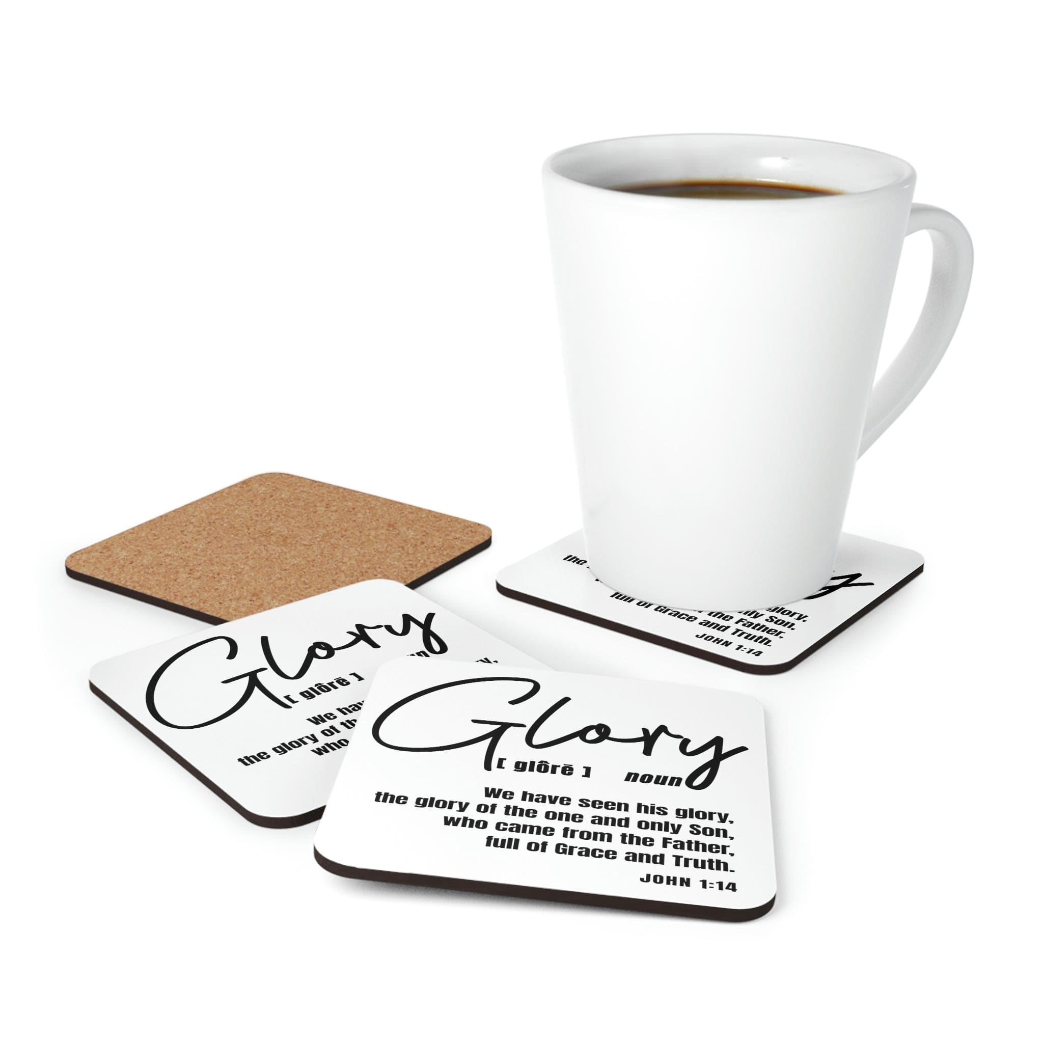 A stylish 4-piece coaster set featuring a high-gloss top and cork backing, designed with Christian themes for home and office decor.