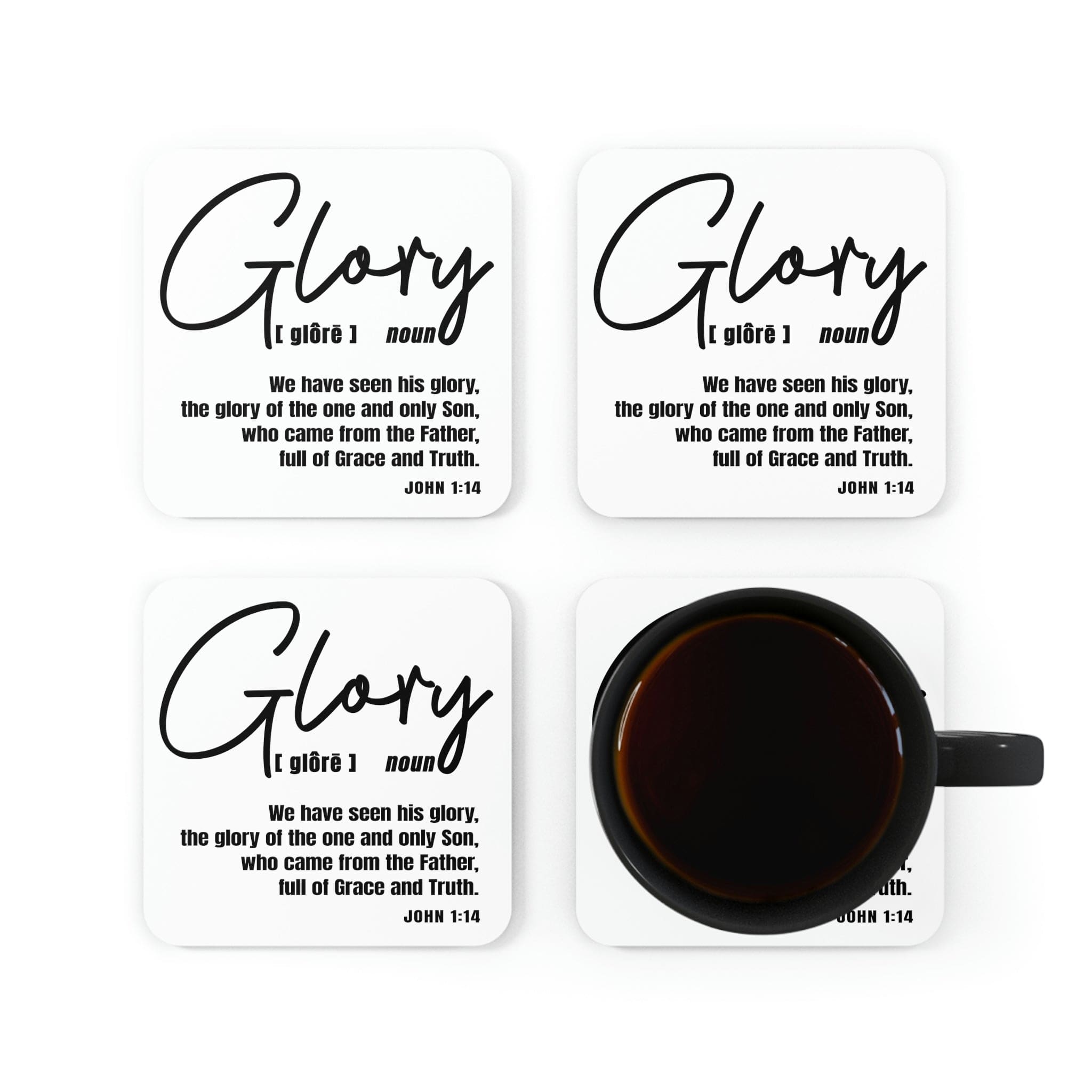 A stylish 4-piece coaster set featuring a high-gloss top and cork backing, designed with Christian themes for home and office decor.