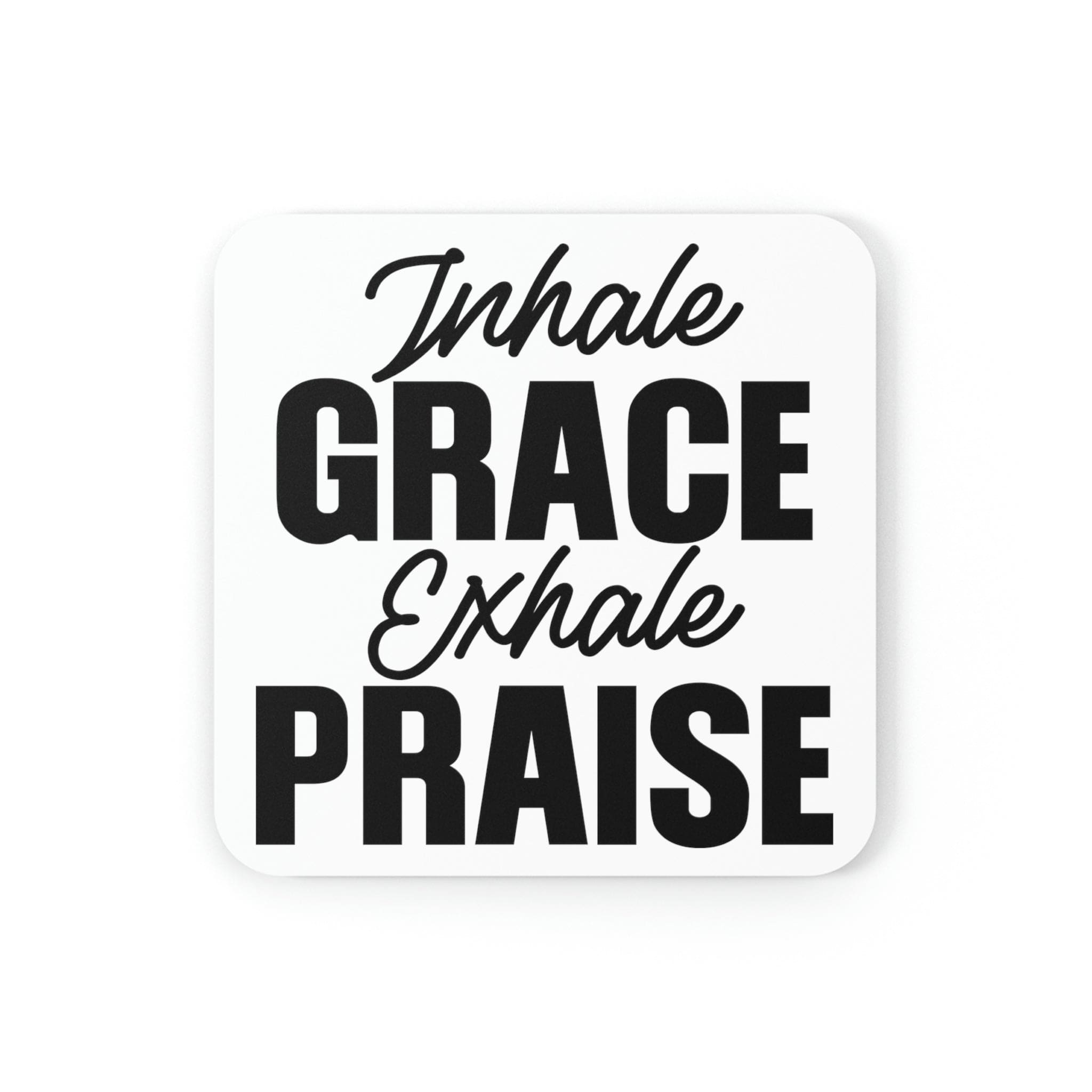 A stylish 4-piece coaster set featuring 'Inhale Grace Exhale' design with a high-gloss top and cork backing.