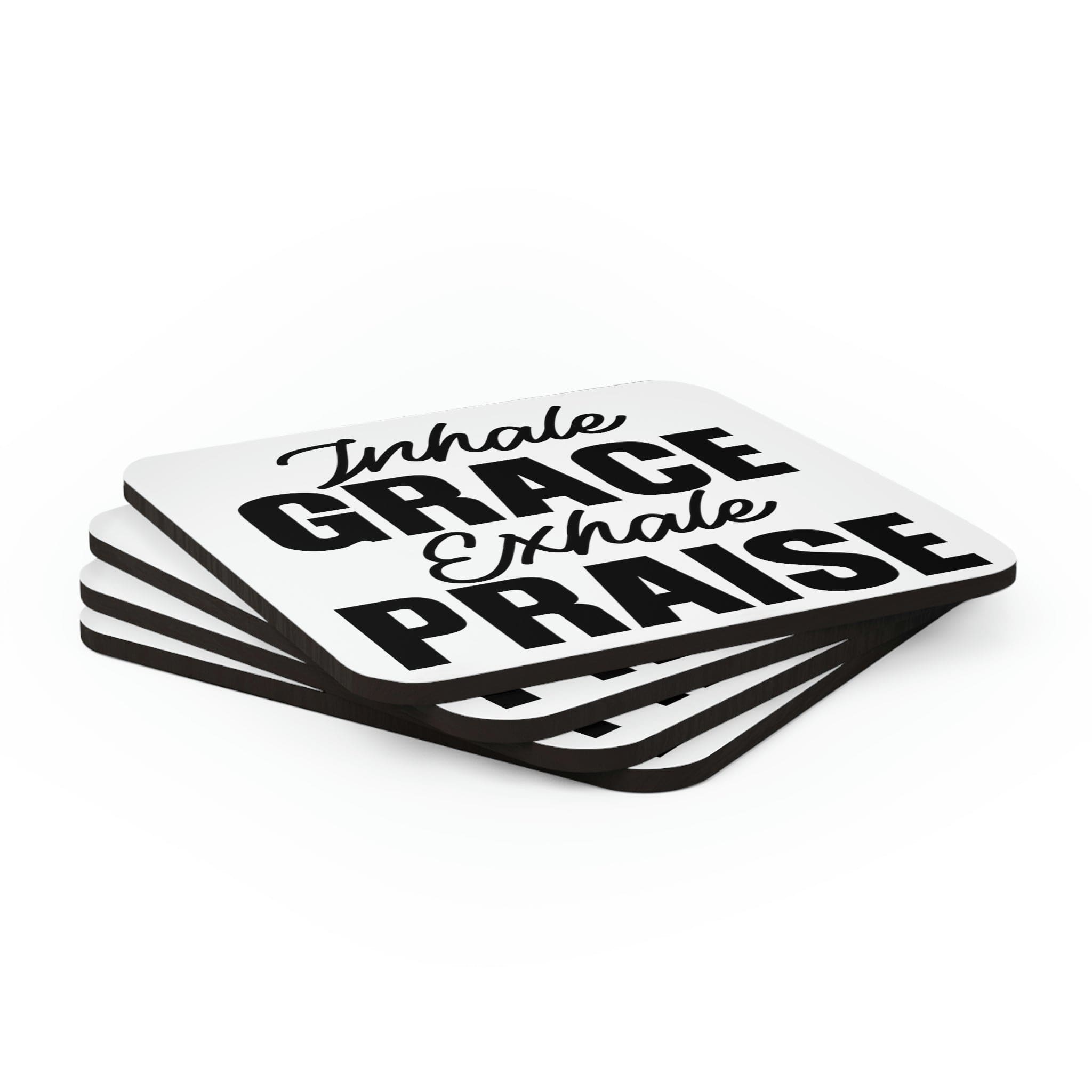 A stylish 4-piece coaster set featuring 'Inhale Grace Exhale' design with a high-gloss top and cork backing.