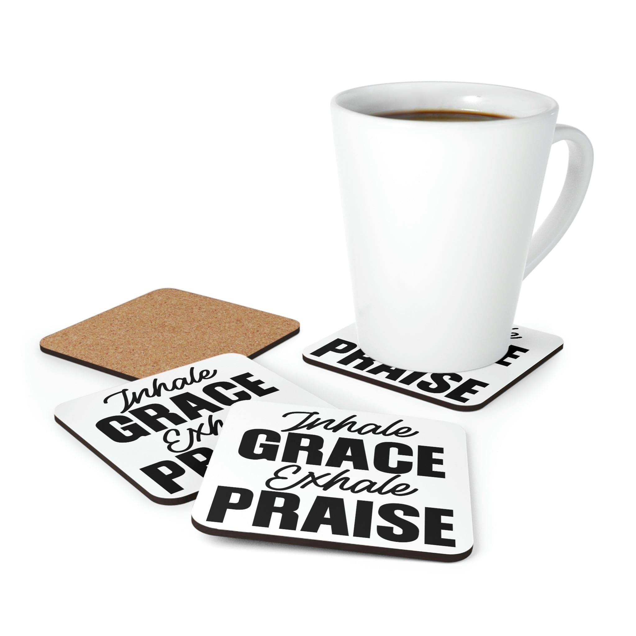 A stylish 4-piece coaster set featuring 'Inhale Grace Exhale' design with a high-gloss top and cork backing.