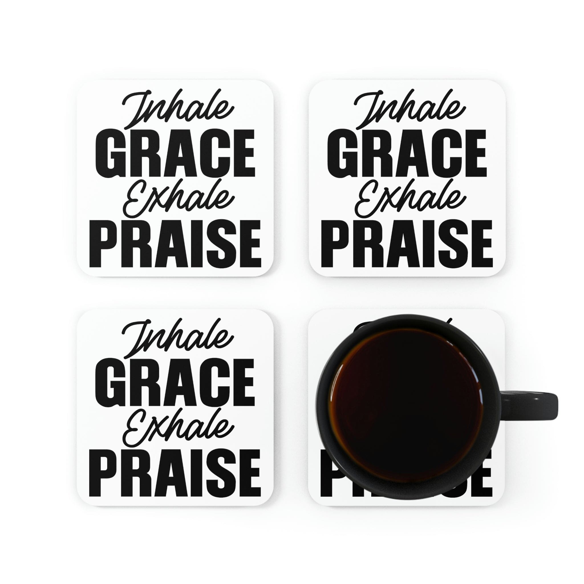 A stylish 4-piece coaster set featuring 'Inhale Grace Exhale' design with a high-gloss top and cork backing.