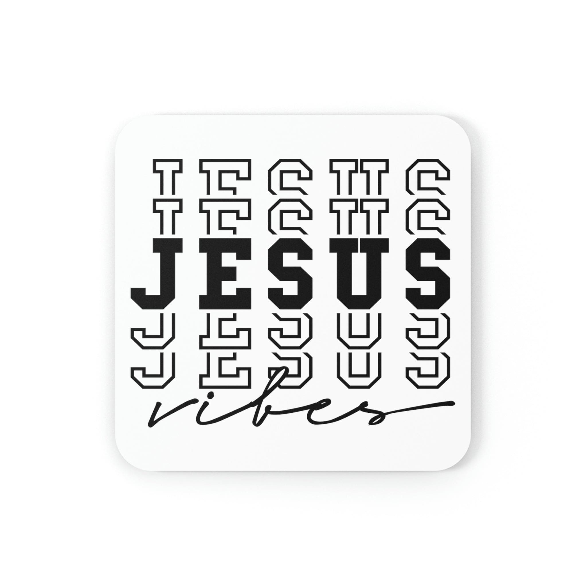 A stylish 4-piece coaster set featuring a high-gloss top and cork backing, designed with uplifting Jesus vibes for home or office use.