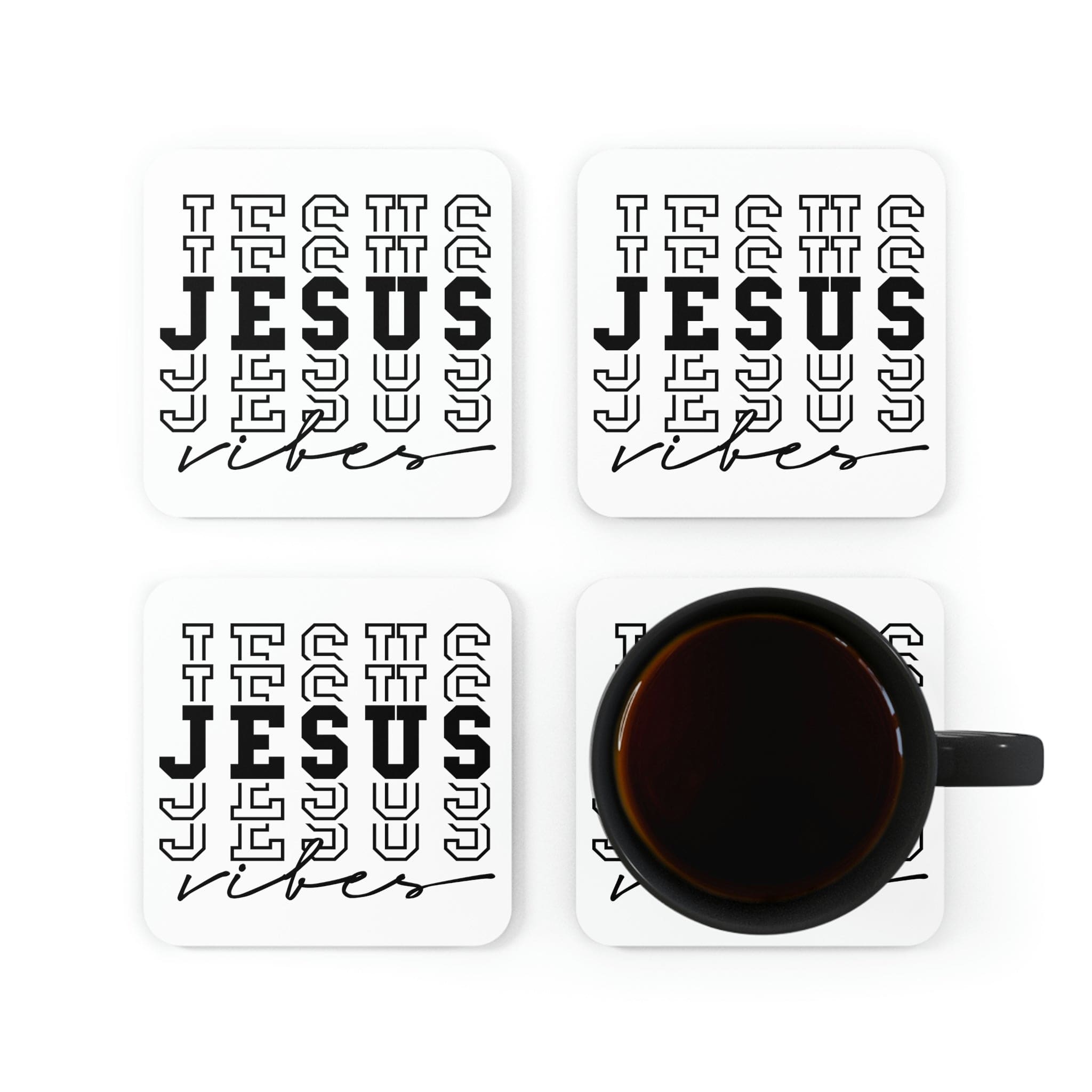 A stylish 4-piece coaster set featuring a high-gloss top and cork backing, designed with uplifting Jesus vibes for home or office use.