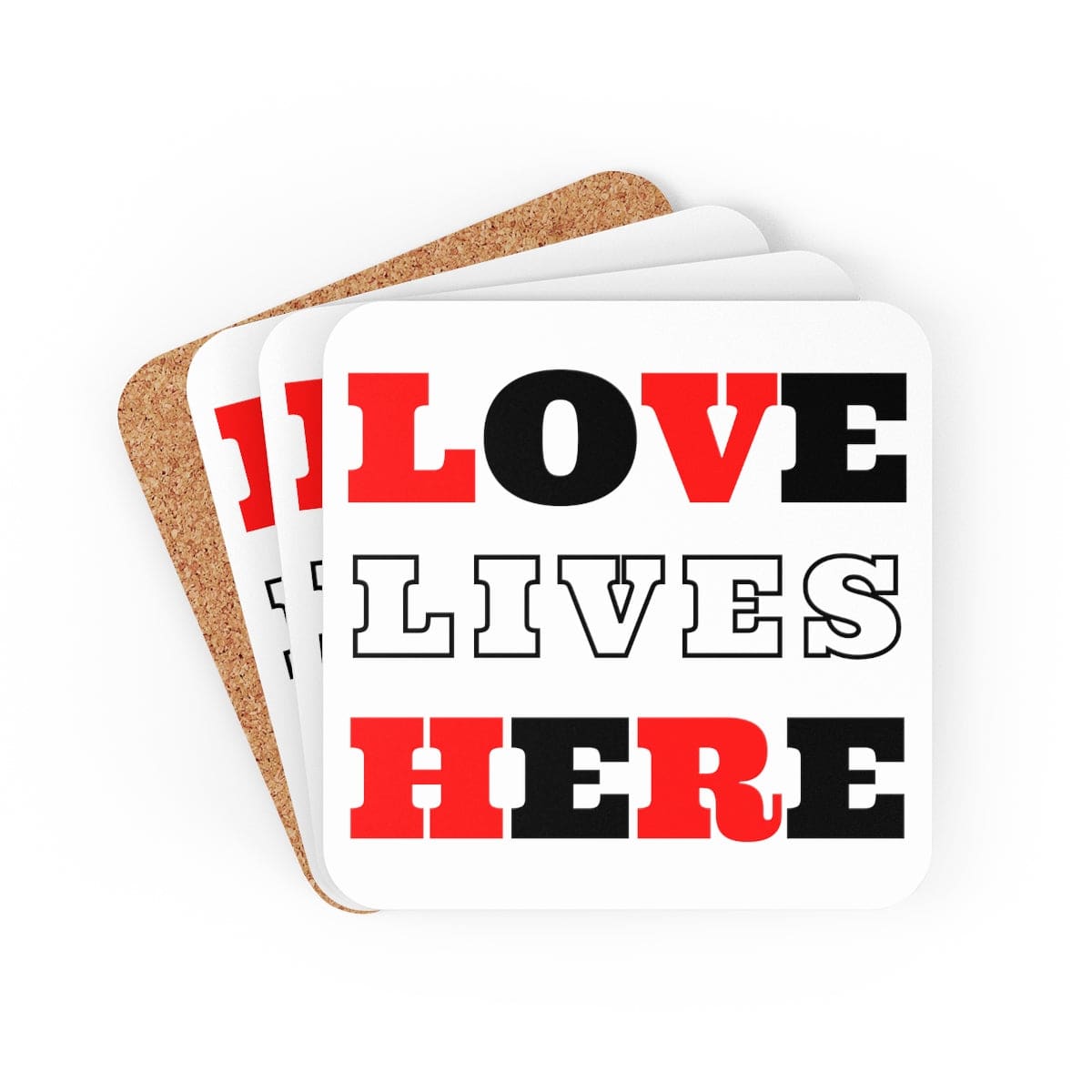 A stylish 4-piece coaster set featuring a high-gloss finish and cork backing, with the phrase 'Love Lives Here' elegantly displayed.