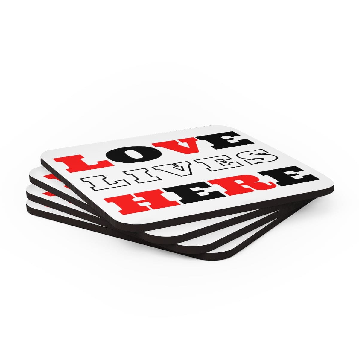 A stylish 4-piece coaster set featuring a high-gloss finish and cork backing, with the phrase 'Love Lives Here' elegantly displayed.