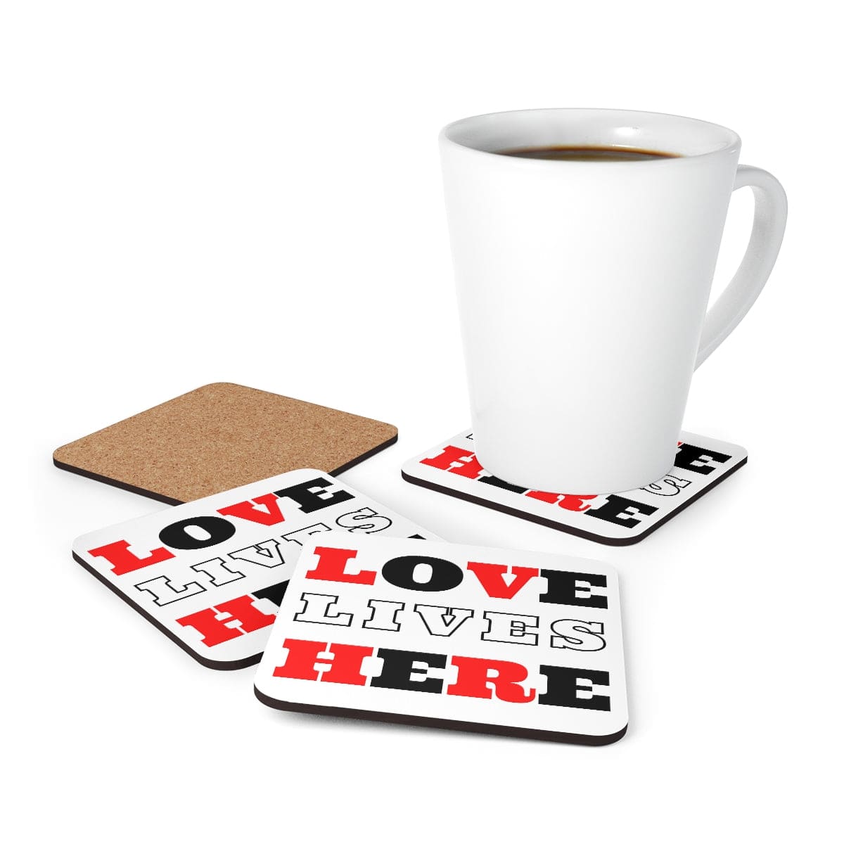 A stylish 4-piece coaster set featuring a high-gloss finish and cork backing, with the phrase 'Love Lives Here' elegantly displayed.