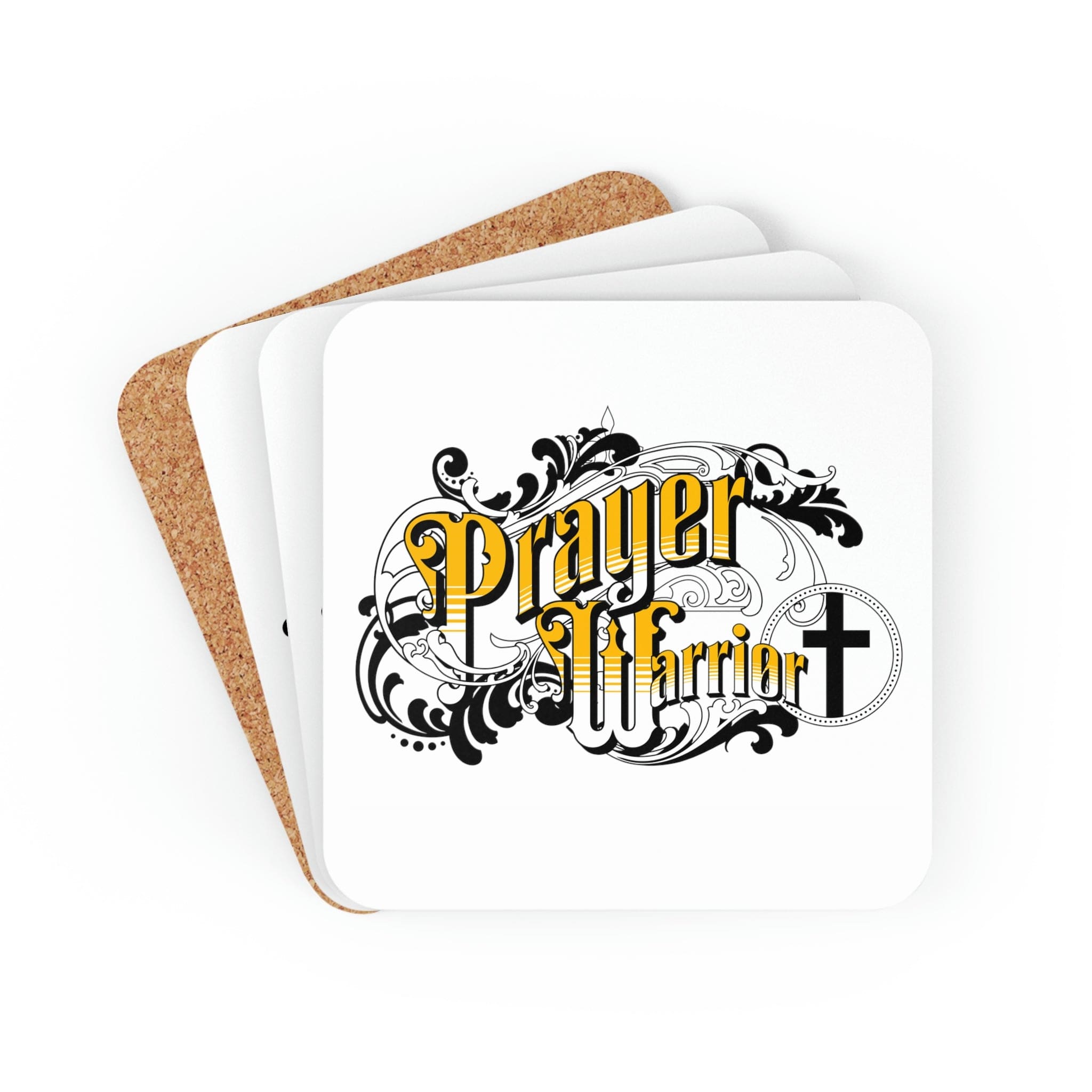 A stylish 4-piece coaster set featuring a high-gloss top and cork backing, designed with a prayer warrior theme, perfect for home or office use.