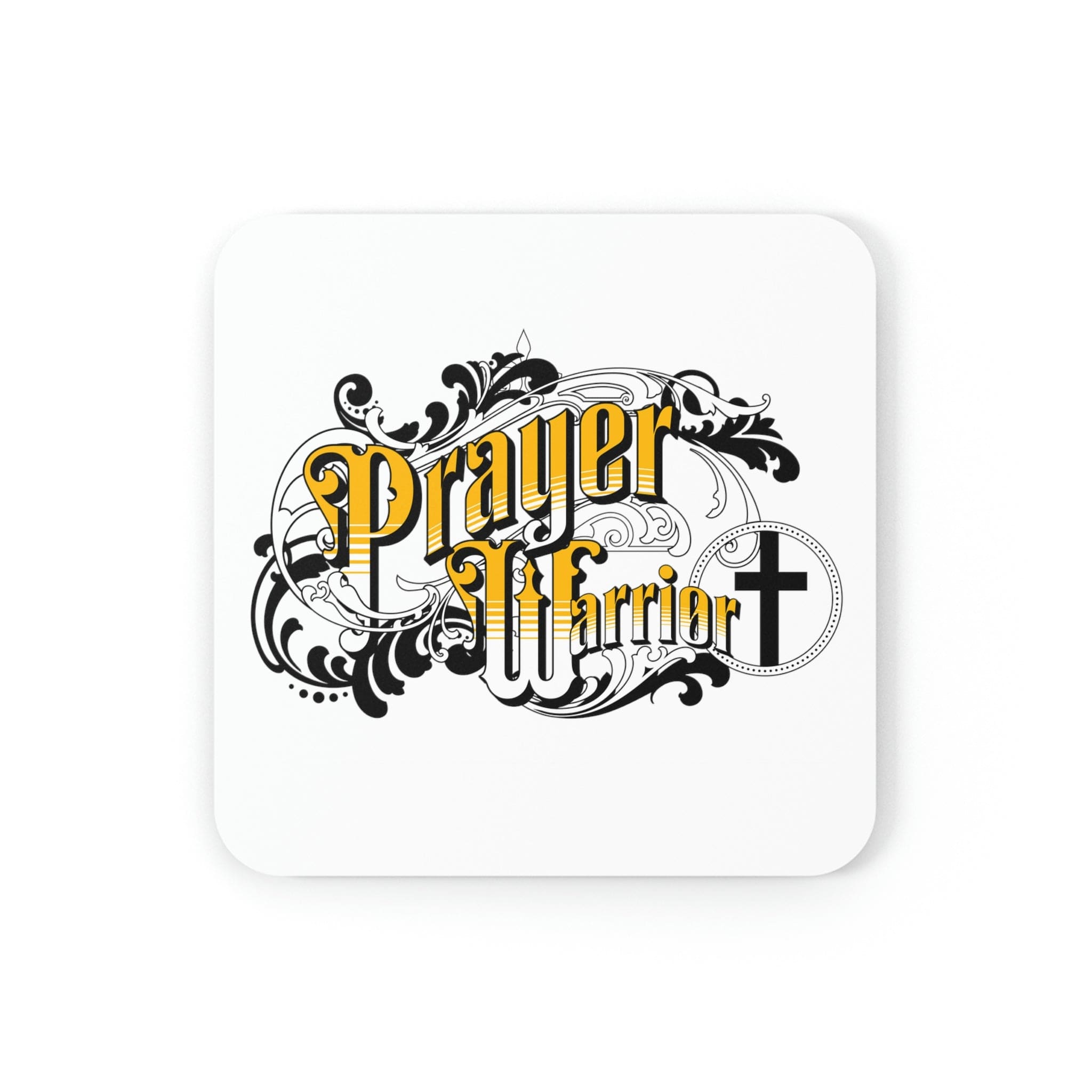 A stylish 4-piece coaster set featuring a high-gloss top and cork backing, designed with a prayer warrior theme, perfect for home or office use.