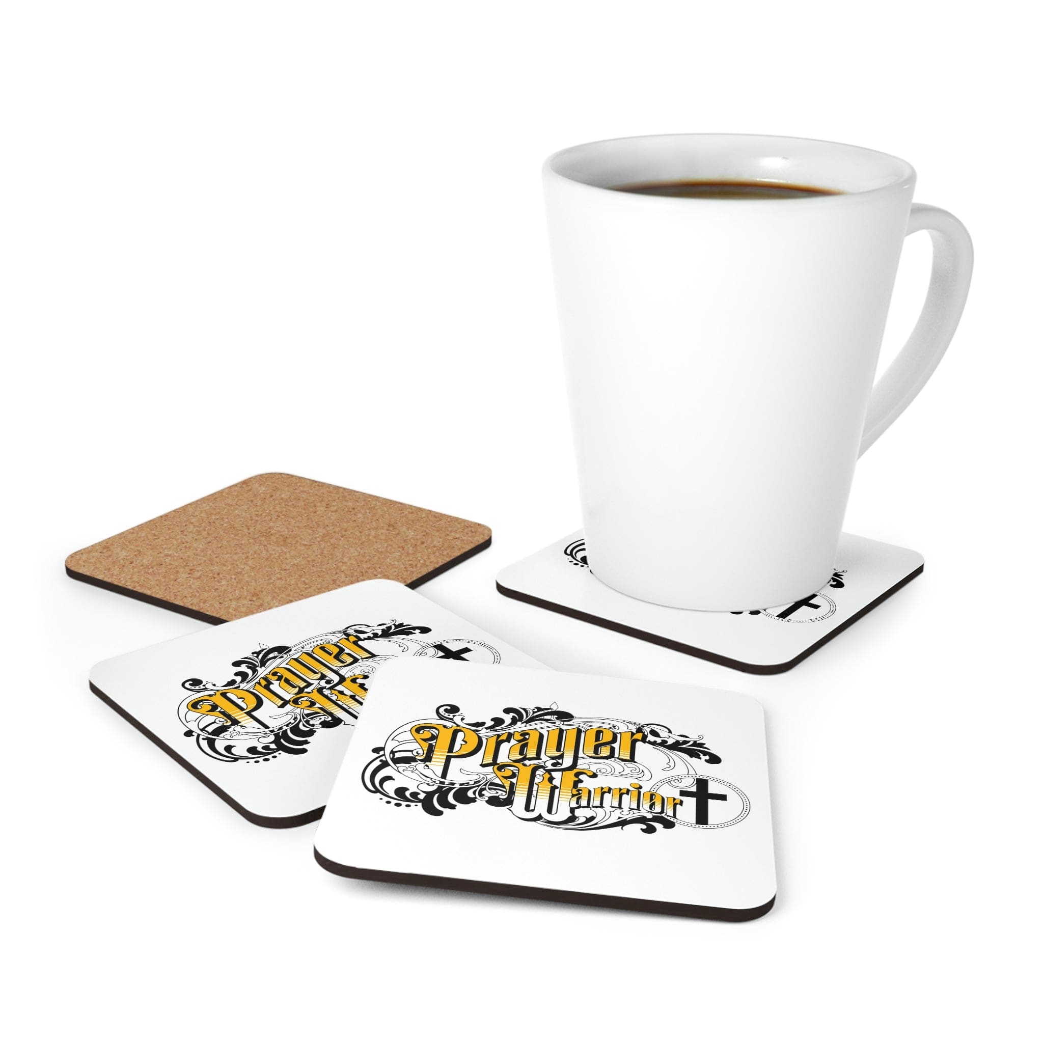 A stylish 4-piece coaster set featuring a high-gloss top and cork backing, designed with a prayer warrior theme, perfect for home or office use.