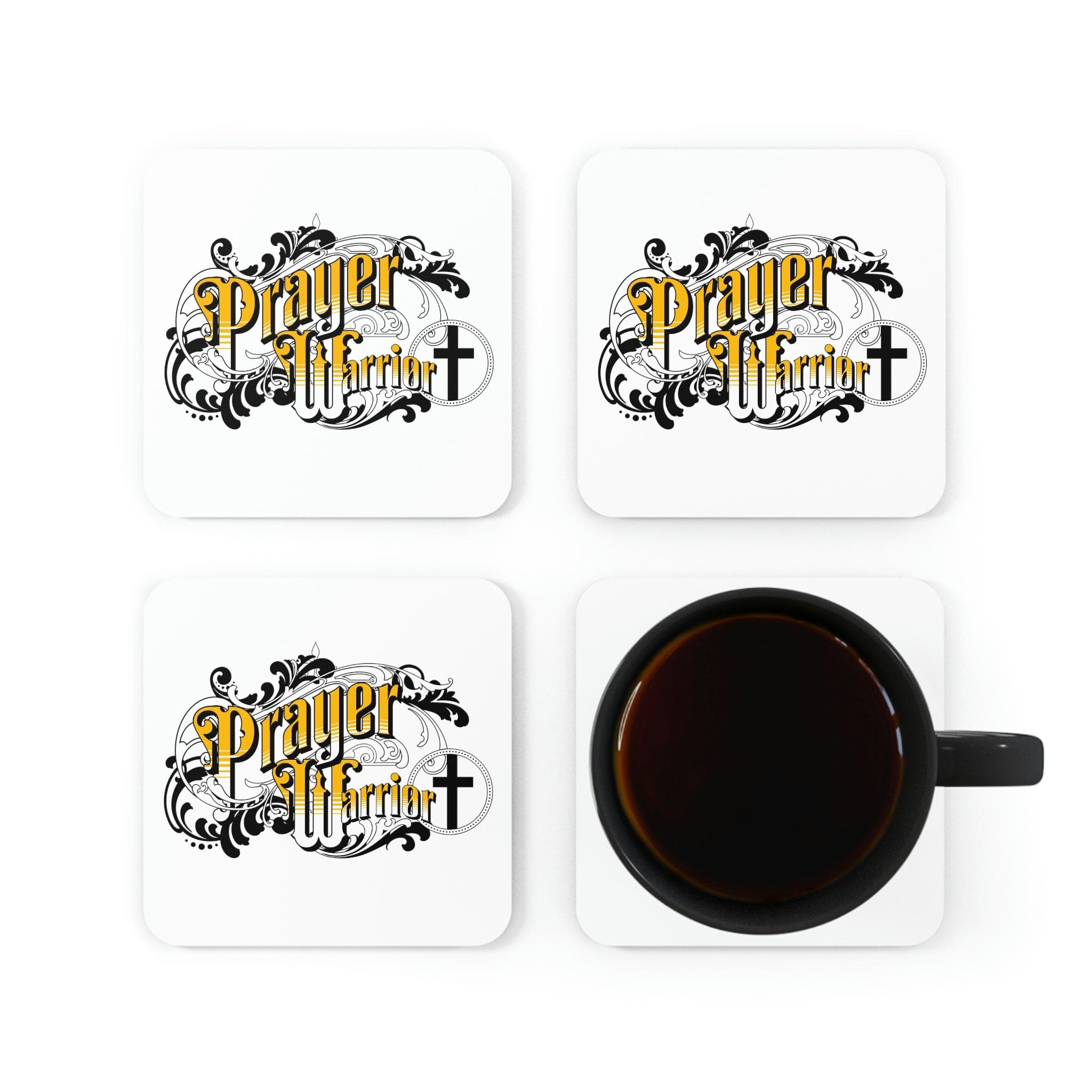 A stylish 4-piece coaster set featuring a high-gloss top and cork backing, designed with a prayer warrior theme, perfect for home or office use.