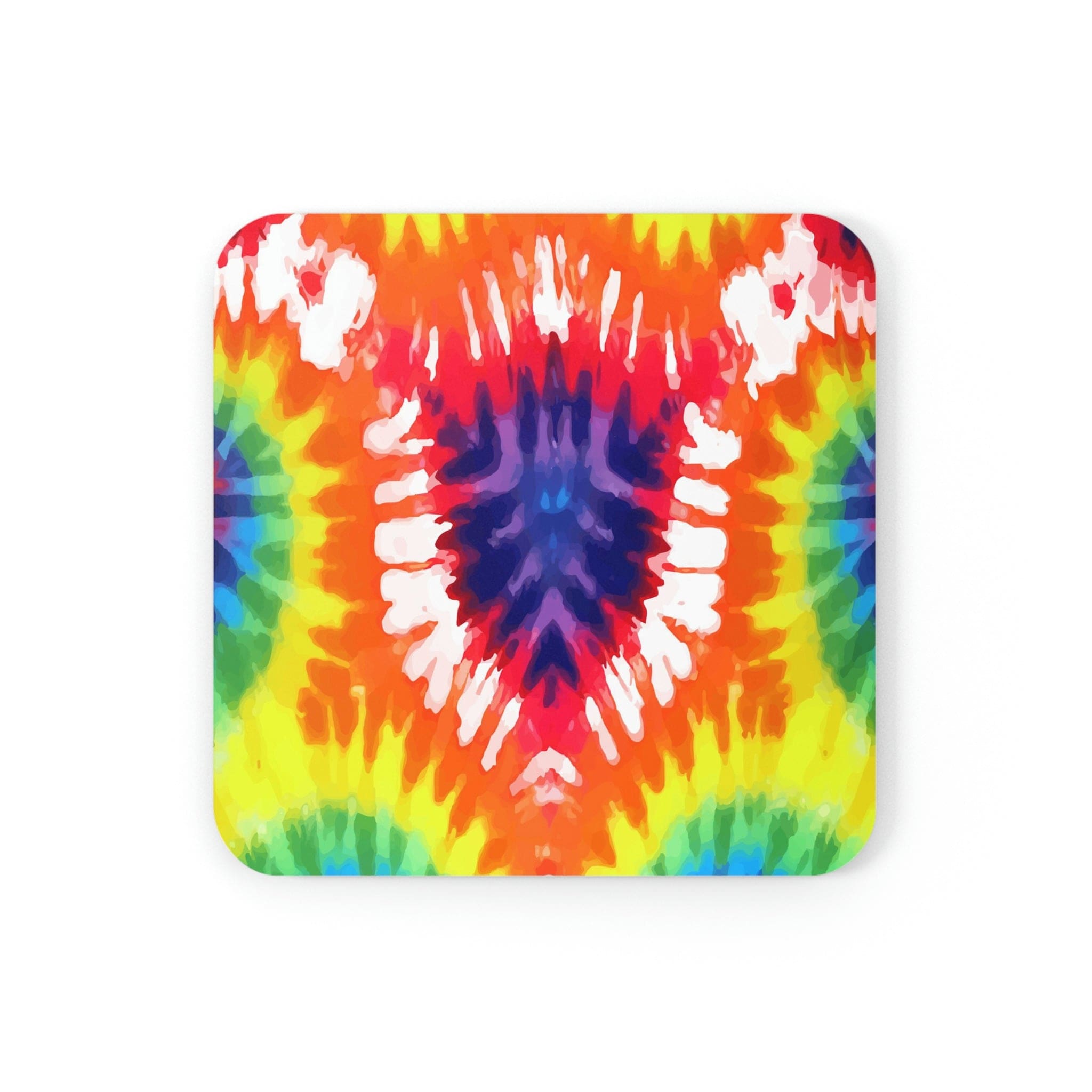 A vibrant 4-piece coaster set featuring psychedelic rainbow tie designs, with a high-gloss finish and cork backing for stability.