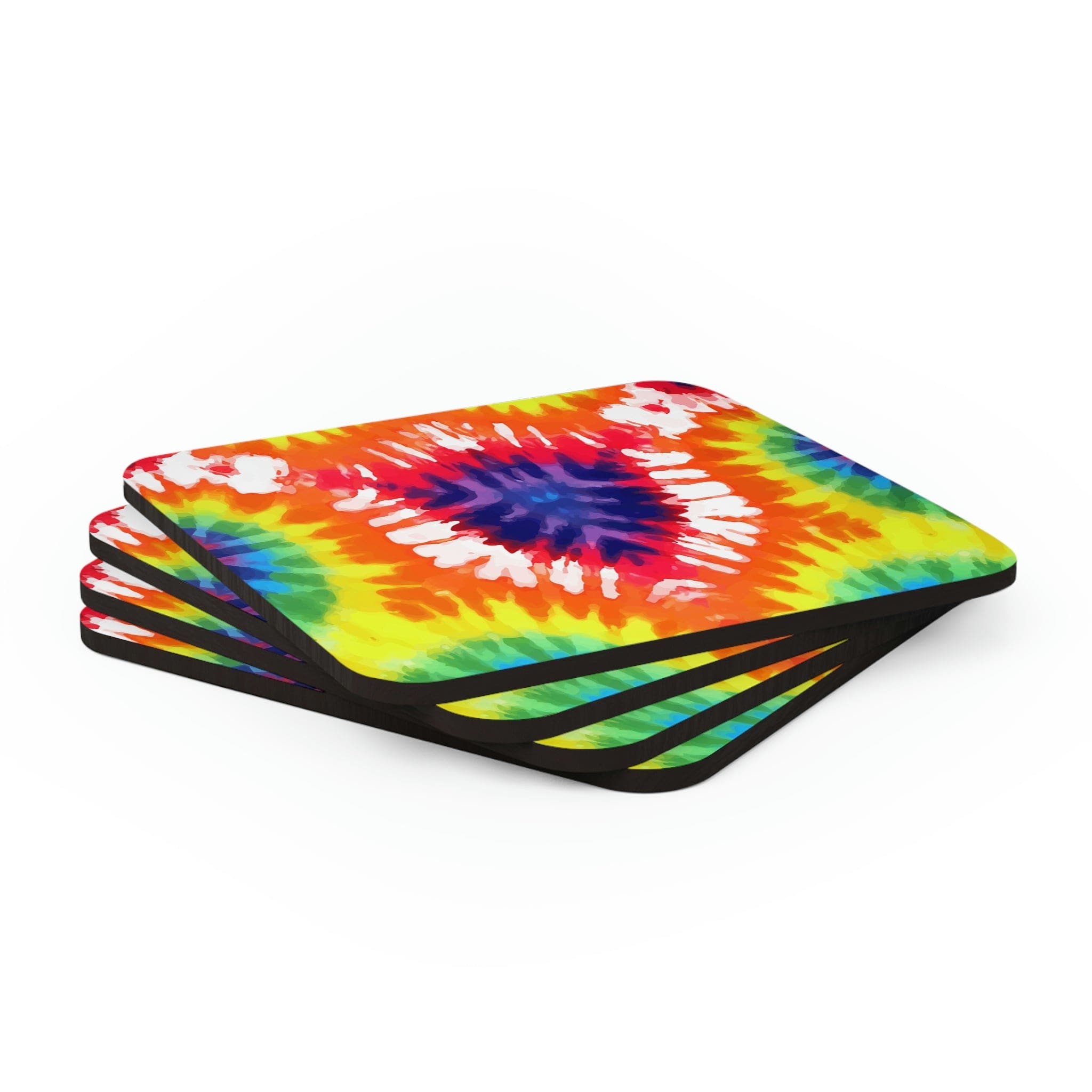 A vibrant 4-piece coaster set featuring psychedelic rainbow tie designs, with a high-gloss finish and cork backing for stability.