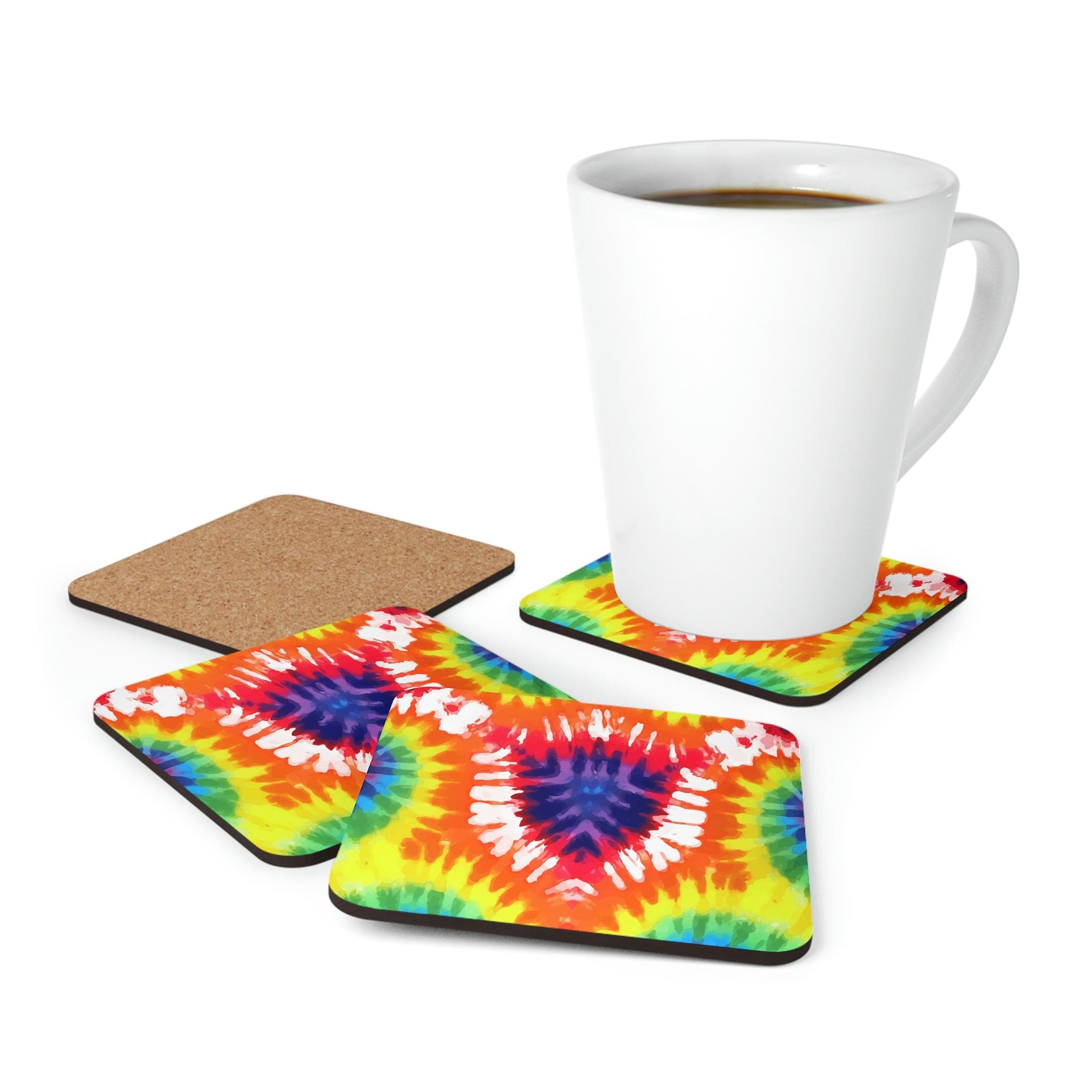 A vibrant 4-piece coaster set featuring psychedelic rainbow tie designs, with a high-gloss finish and cork backing for stability.