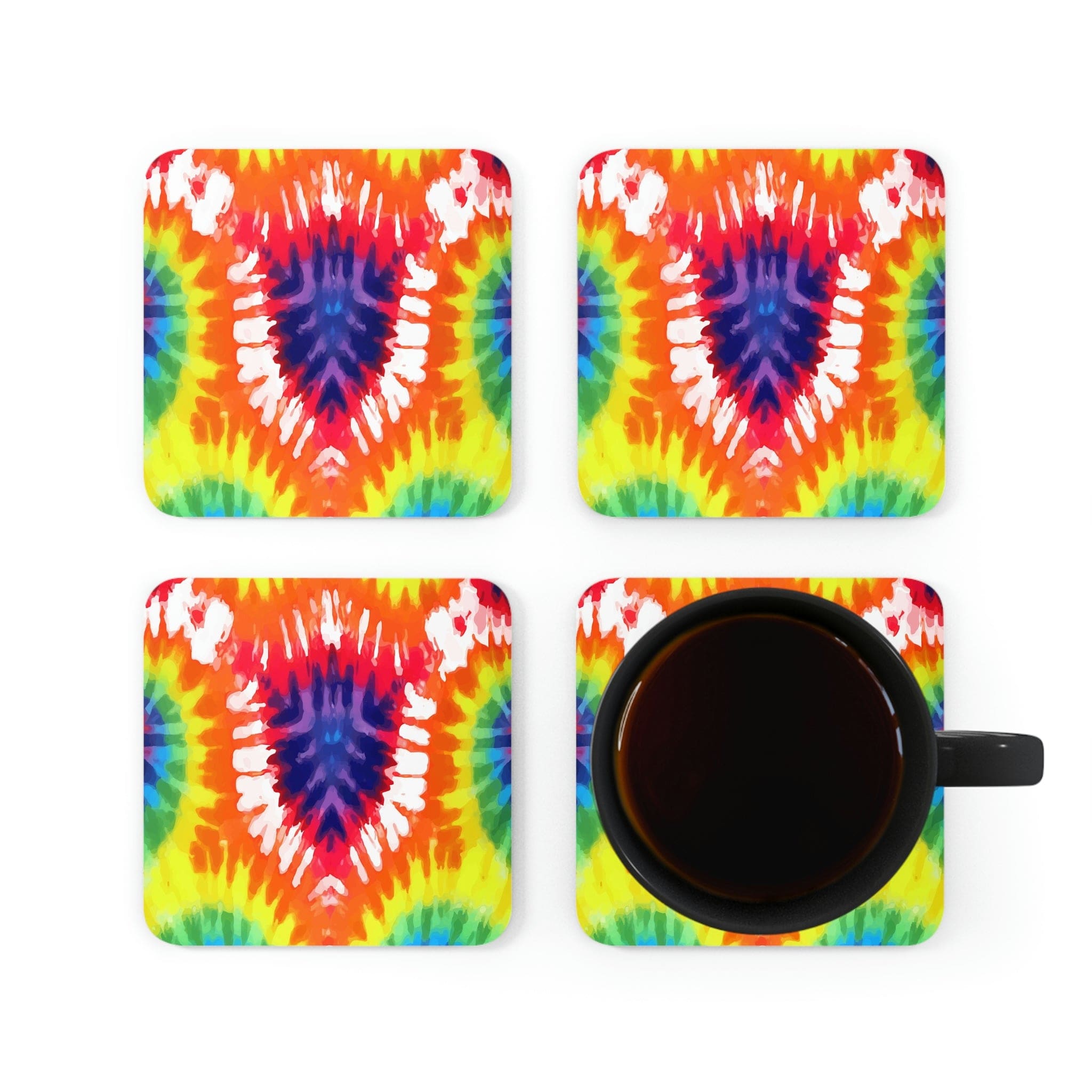 A vibrant 4-piece coaster set featuring psychedelic rainbow tie designs, with a high-gloss finish and cork backing for stability.