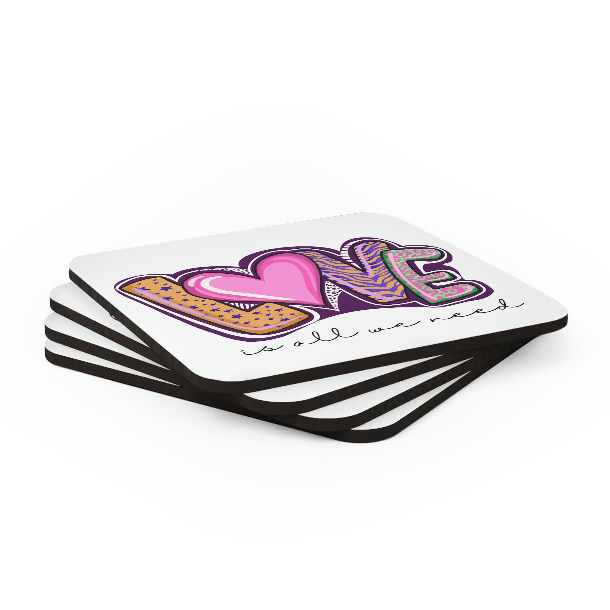 A stylish 4-piece coaster set featuring a high-gloss top and cork backing, perfect for home or office decor.