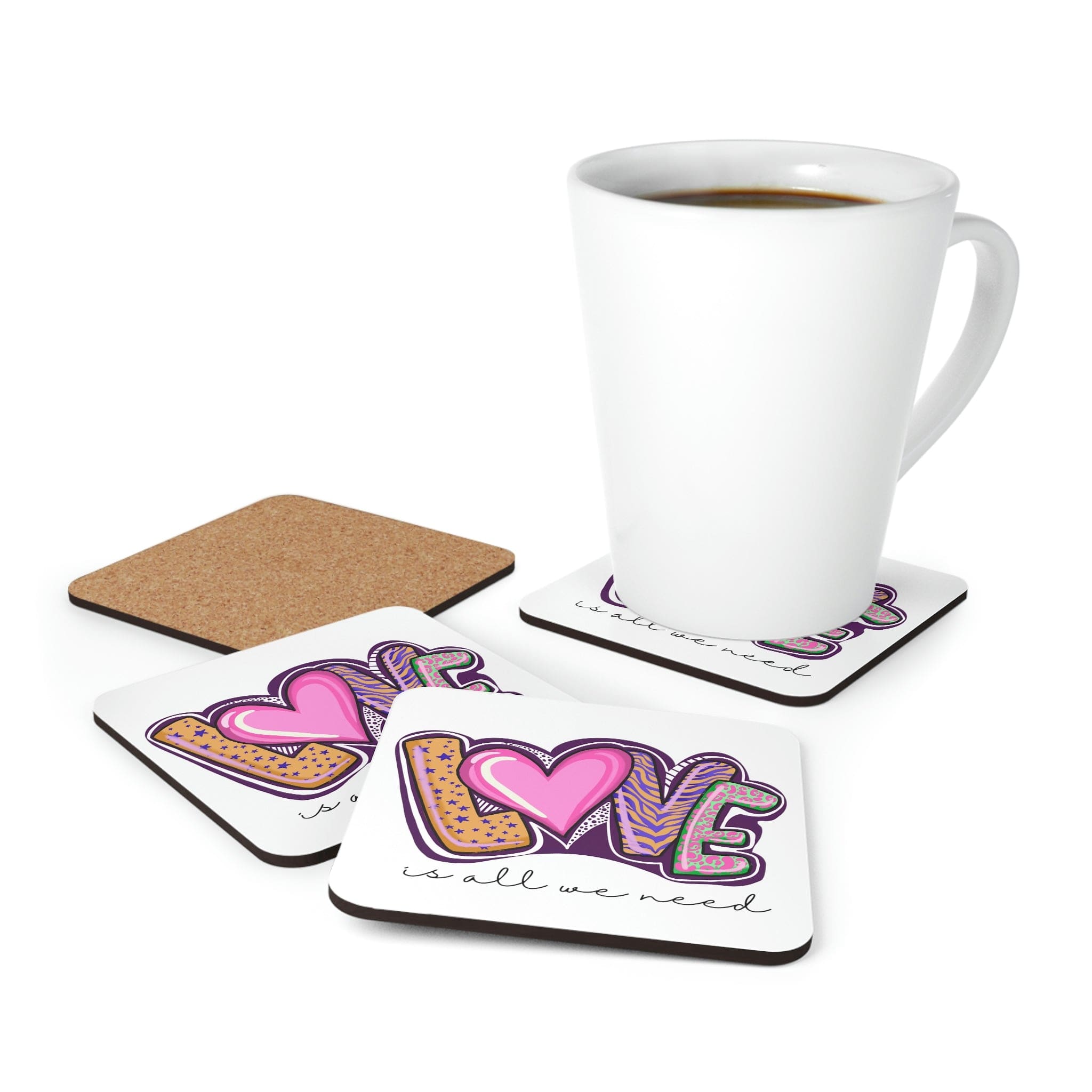 A stylish 4-piece coaster set featuring a high-gloss top and cork backing, perfect for home or office decor.