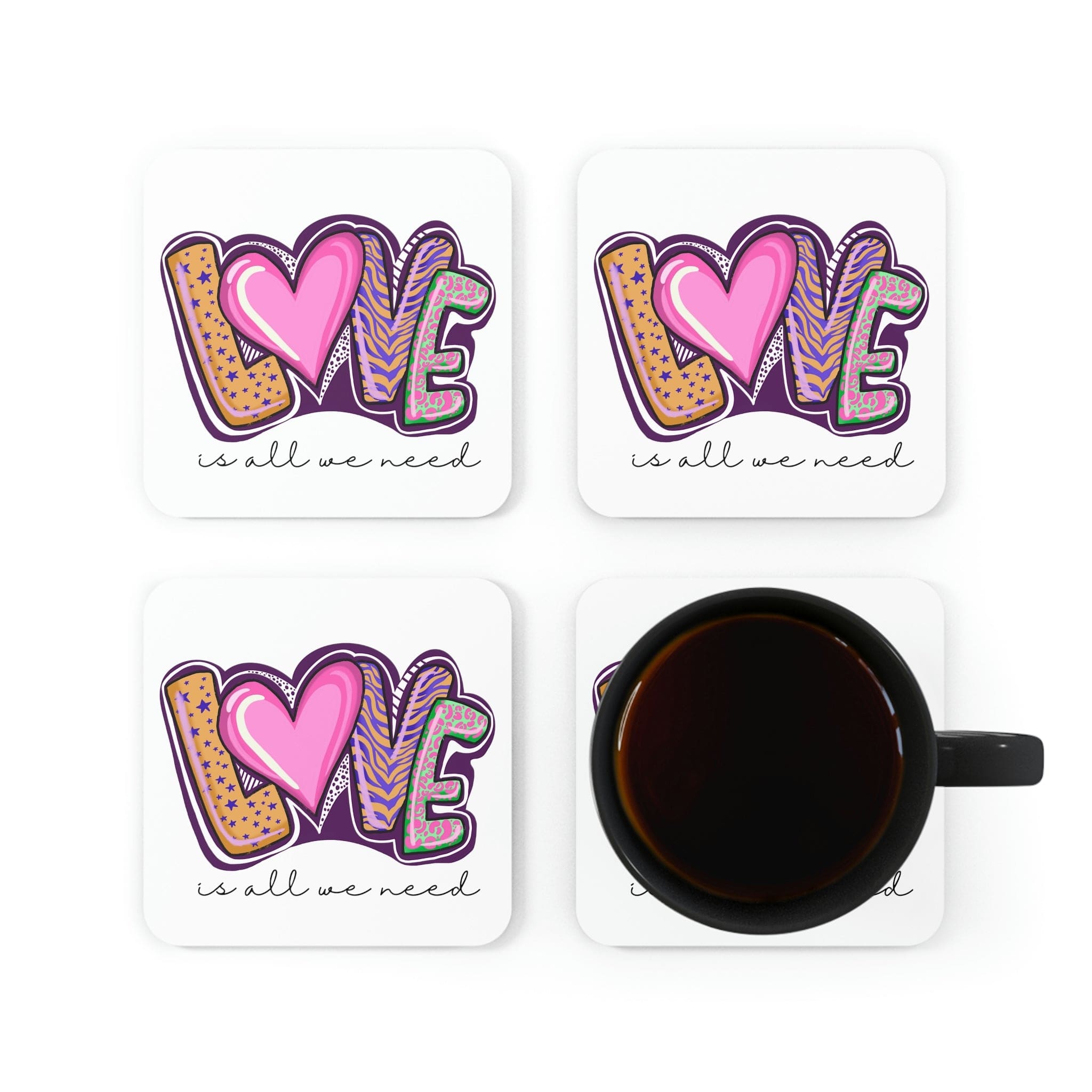 A stylish 4-piece coaster set featuring a high-gloss top and cork backing, perfect for home or office decor.