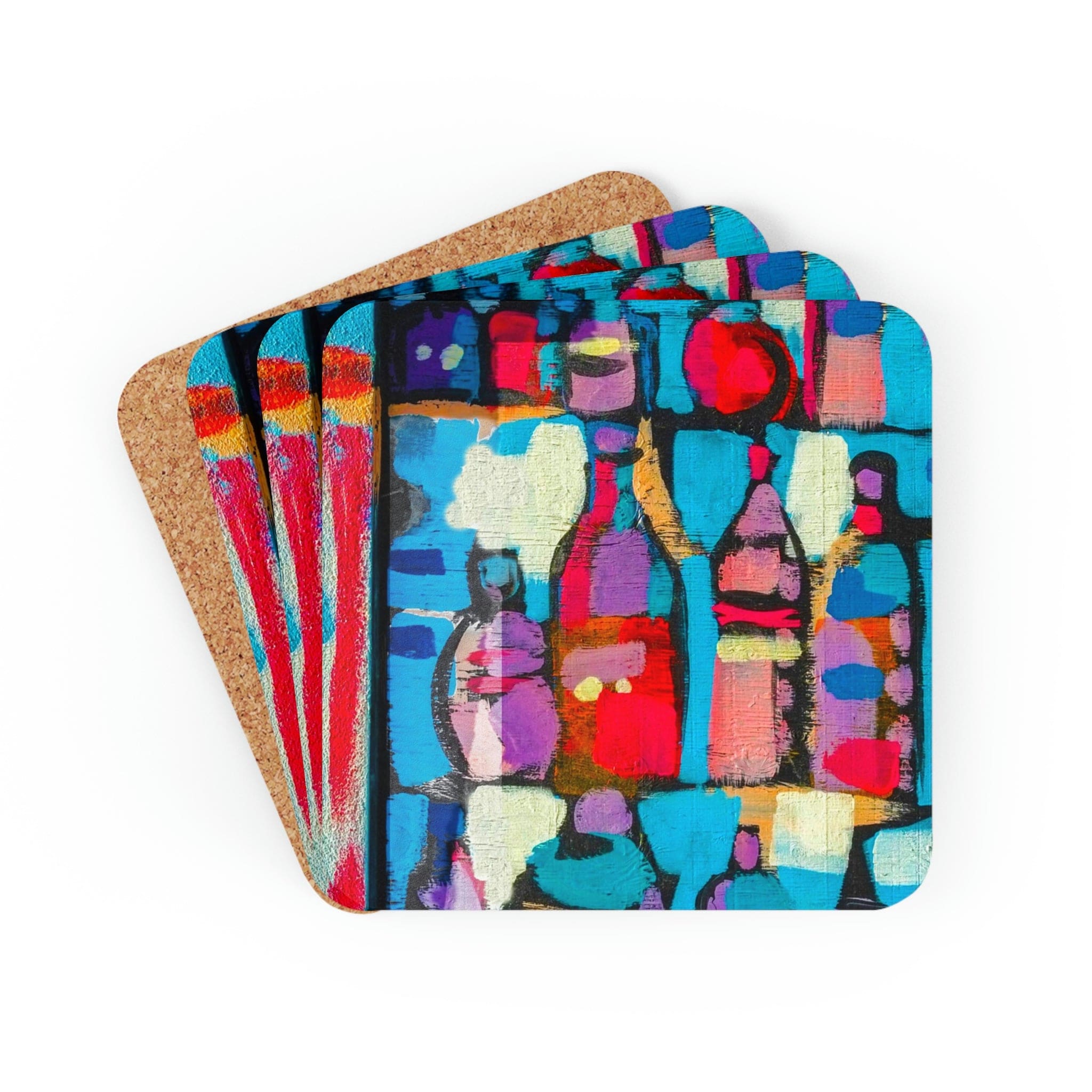 A stylish 4-piece coaster set with a high-gloss finish and cork backing, ideal for home or office use.