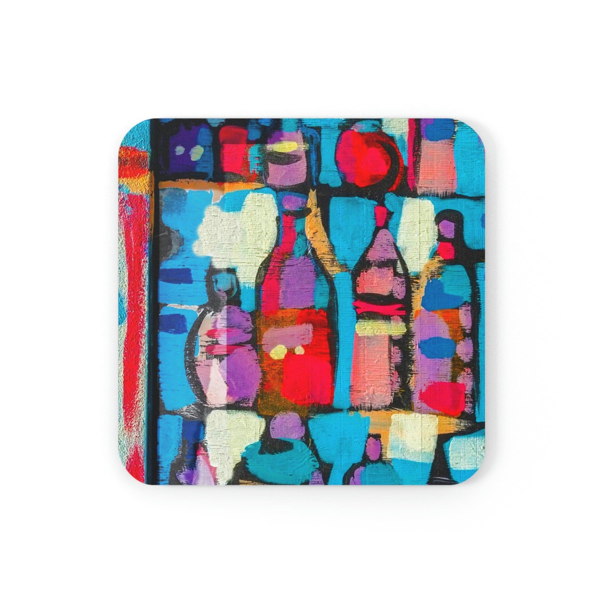 A stylish 4-piece coaster set with a high-gloss finish and cork backing, ideal for home or office use.