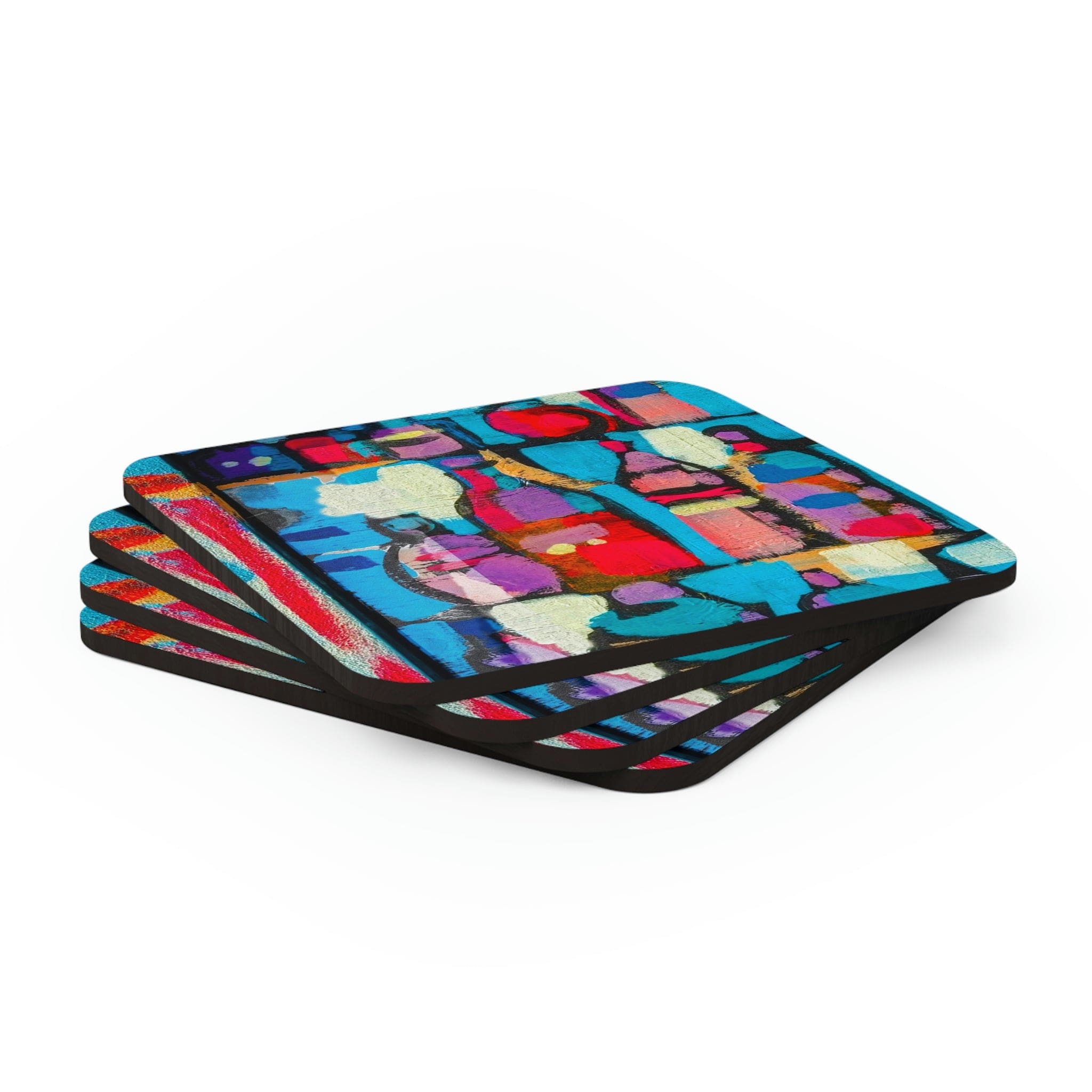 A stylish 4-piece coaster set with a high-gloss finish and cork backing, ideal for home or office use.