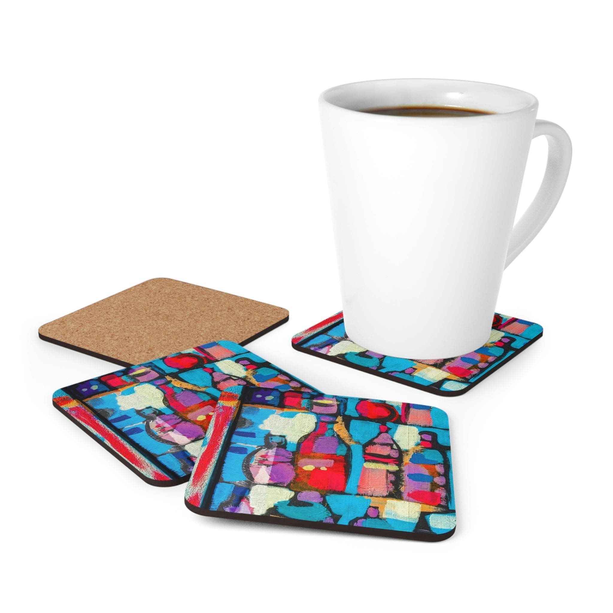 A stylish 4-piece coaster set with a high-gloss finish and cork backing, ideal for home or office use.